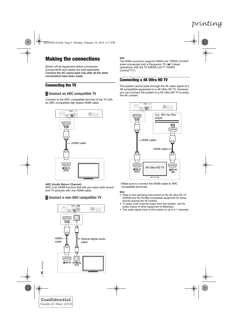 Printing, Making the connections, Confidential | Connecting the tv, Connecting a 4k ultra hd tv, Connect an arc compatible tv, Connect a non-arc compatible tv | Panasonic SCHTE180EG User Manual | Page 6 / 88