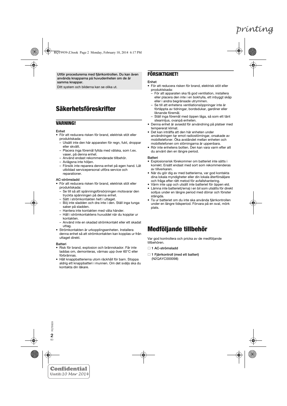 Printing, Säkerhetsföreskrifter, Medföljande tillbehör | Confidential, Varning, Försiktighet | Panasonic SCHTE180EG User Manual | Page 60 / 88