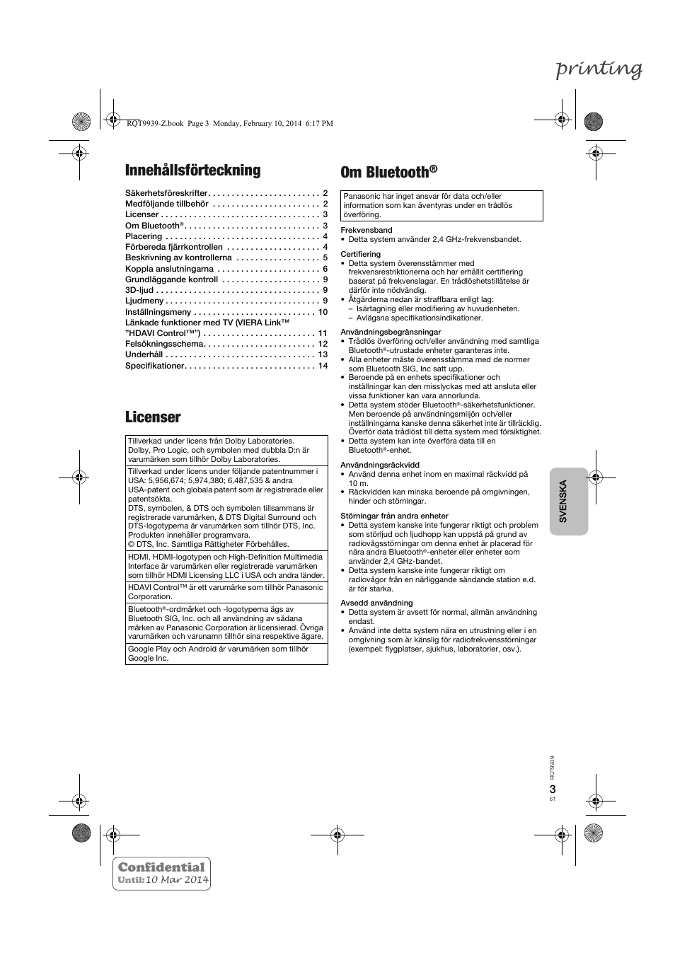 Printing, Innehållsförteckning, Licenser om bluetooth | Confidential | Panasonic SCHTE180EG User Manual | Page 61 / 88