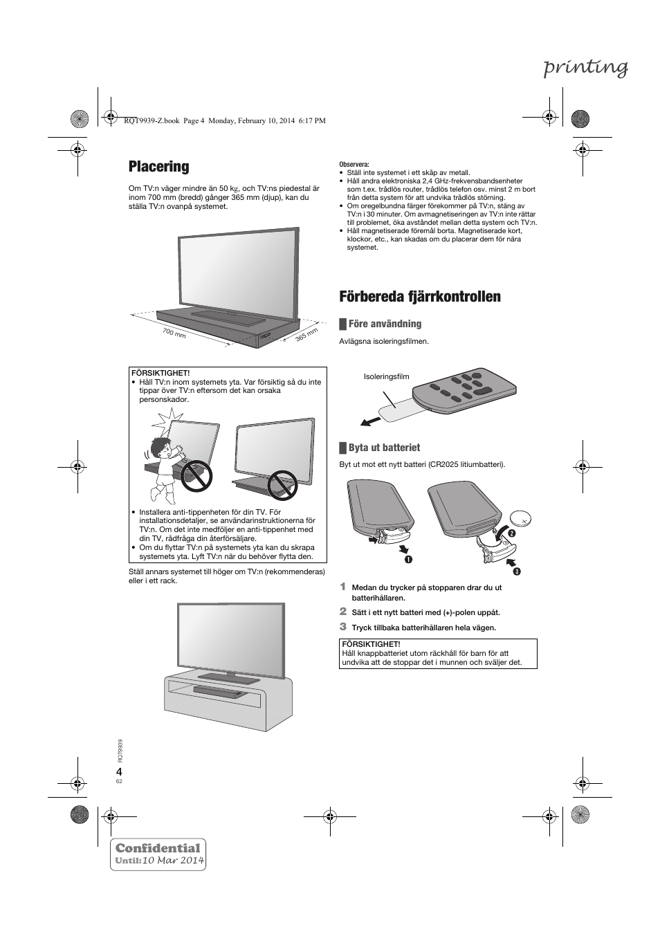 Printing, Placering, Förbereda fjärrkontrollen | Confidential | Panasonic SCHTE180EG User Manual | Page 62 / 88