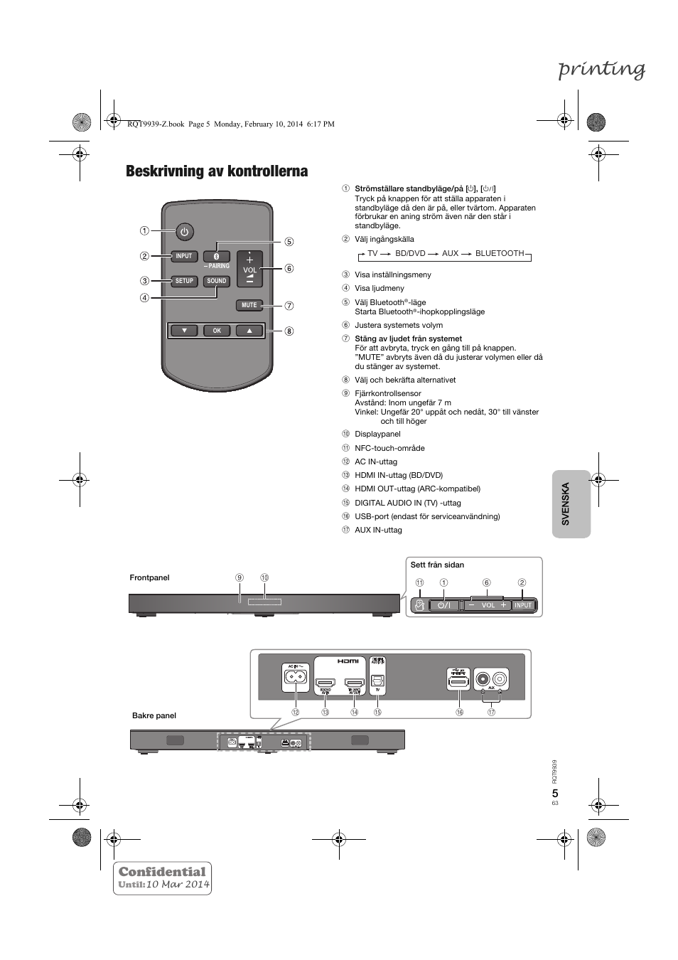 Printing, Beskrivning av kontrollerna, Confidential | Panasonic SCHTE180EG User Manual | Page 63 / 88