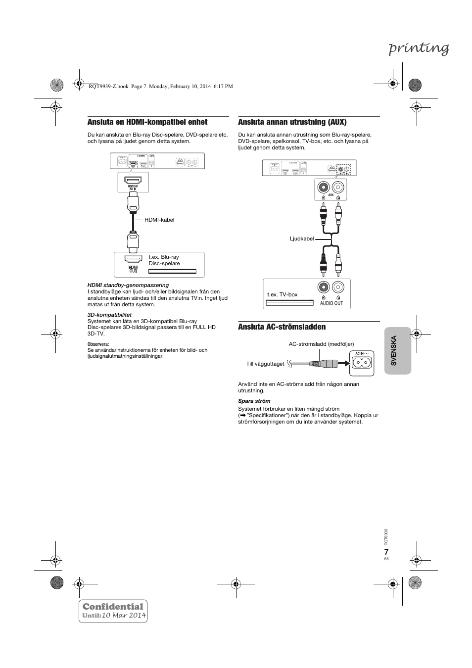 Printing, Confidential, Ansluta en hdmi-kompatibel enhet | Ansluta annan utrustning (aux), Ansluta ac-strömsladden | Panasonic SCHTE180EG User Manual | Page 65 / 88