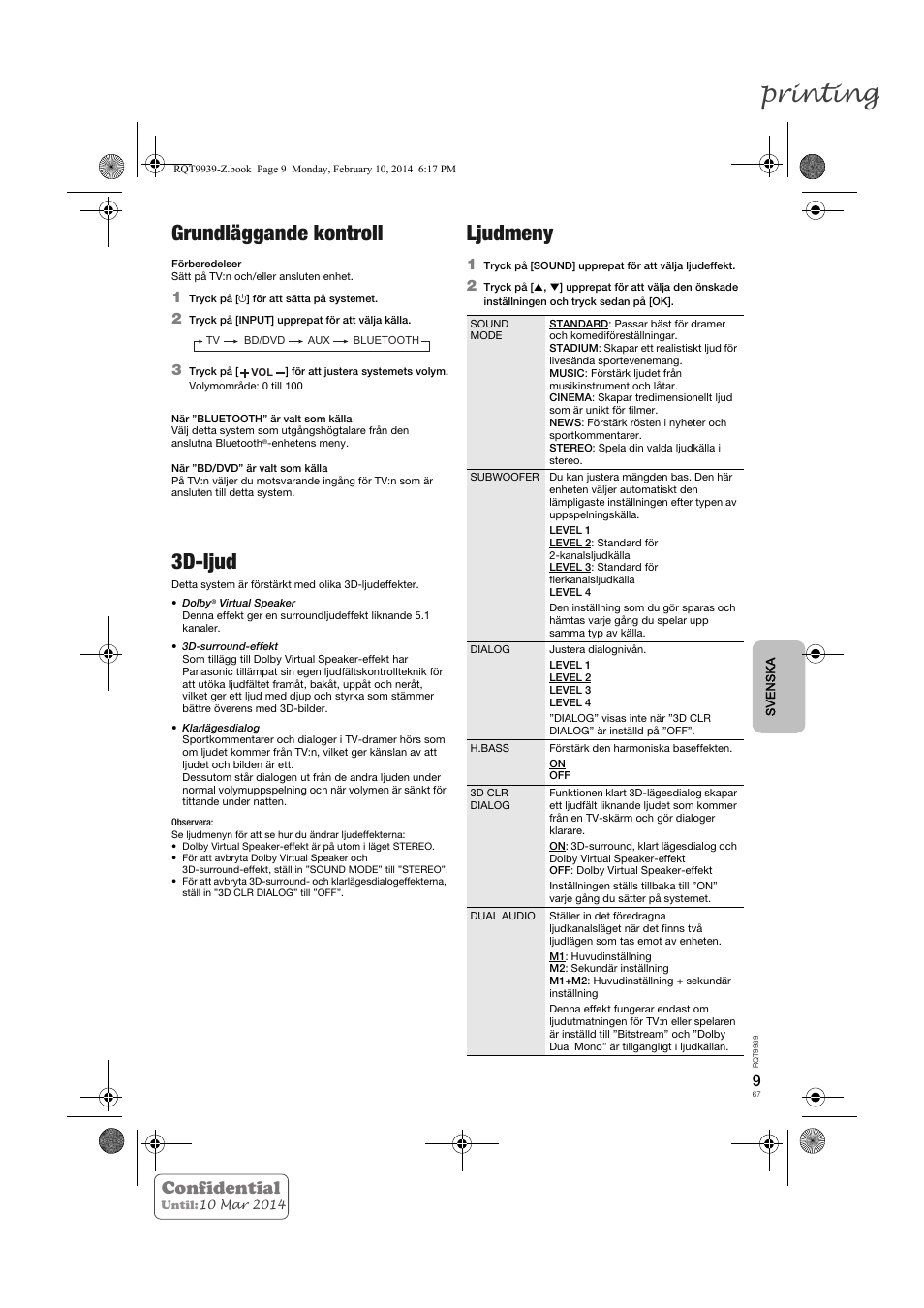 Printing, Grundläggande kontroll, 3d-ljud | Ljudmeny, Confidential | Panasonic SCHTE180EG User Manual | Page 67 / 88
