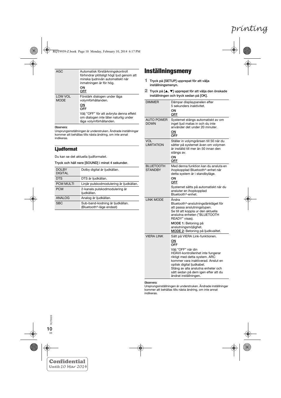Printing, Inställningsmeny, Confidential | Ljudformat | Panasonic SCHTE180EG User Manual | Page 68 / 88