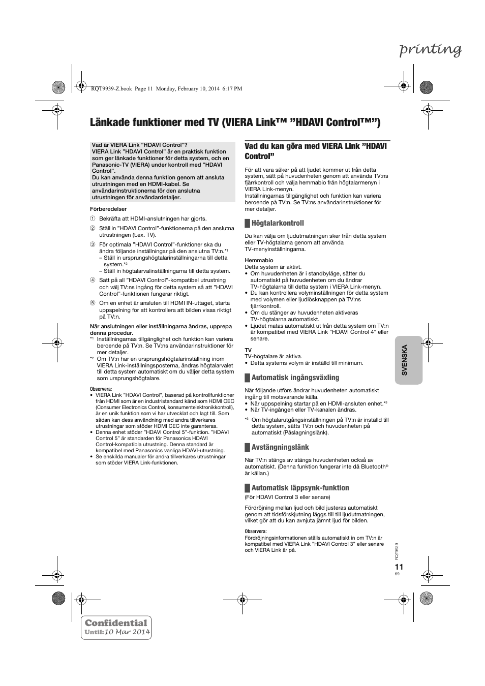 Printing, Confidential, Vad du kan göra med viera link ”hdavi control | Högtalarkontroll, Automatisk ingångsväxling, Avstängningslänk, Automatisk läppsynk-funktion | Panasonic SCHTE180EG User Manual | Page 69 / 88