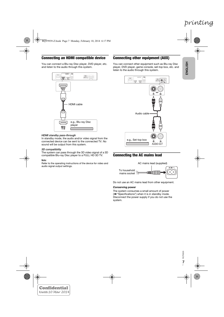 Printing, Confidential, Connecting an hdmi compatible device | Connecting other equipment (aux), Connecting the ac mains lead | Panasonic SCHTE180EG User Manual | Page 7 / 88