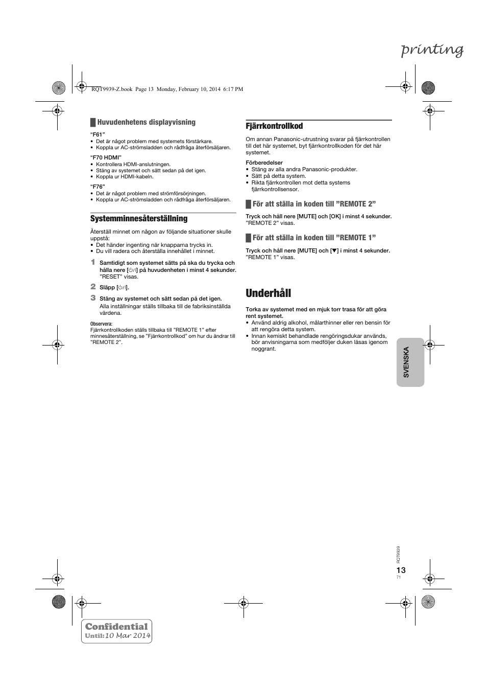 Printing, Underhåll, Confidential | Systemminnesåterställning, Fjärrkontrollkod | Panasonic SCHTE180EG User Manual | Page 71 / 88