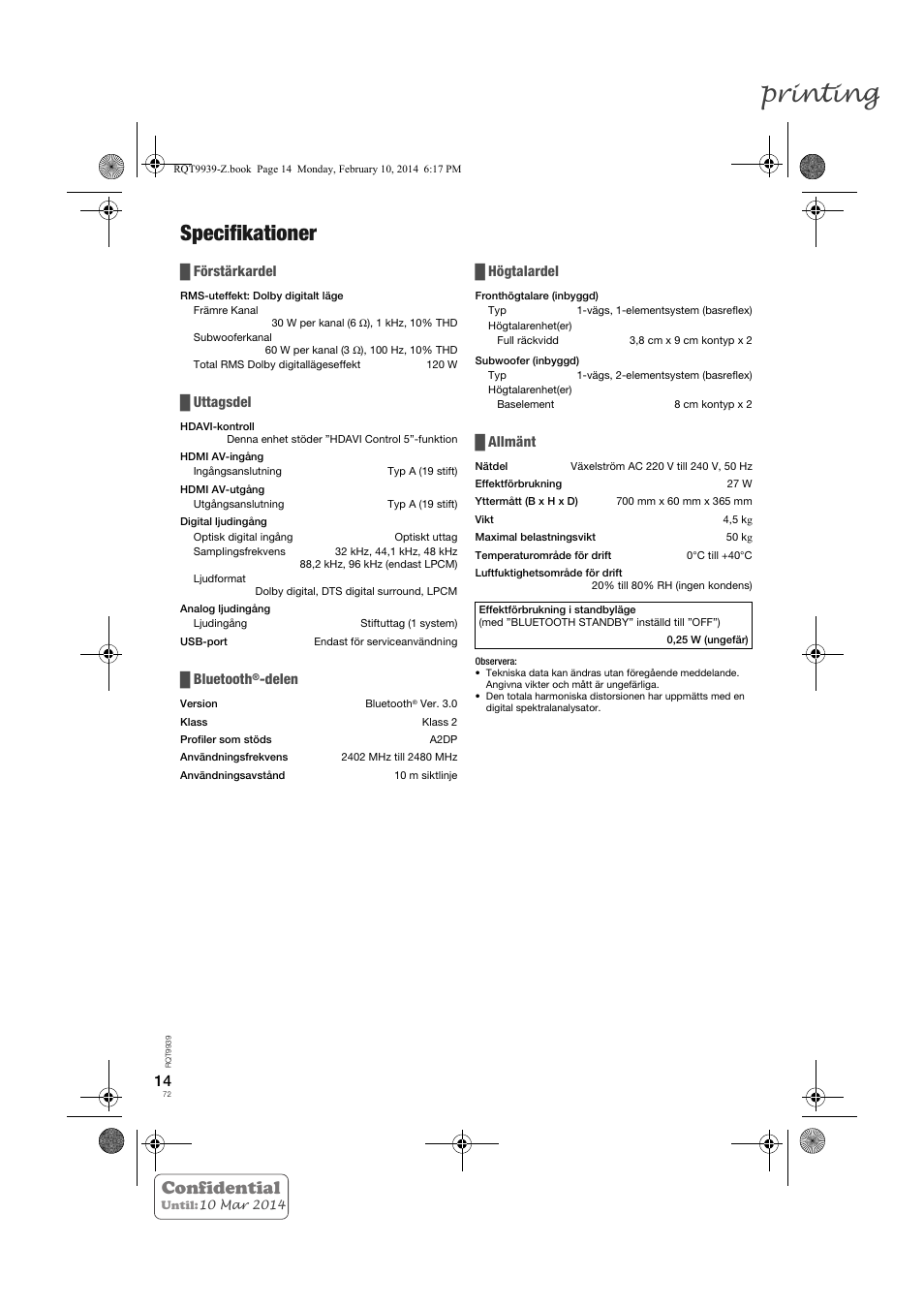 Printing, Specifikationer, Confidential | Förstärkardel, Uttagsdel, Bluetooth, Delen, Högtalardel, Allmänt | Panasonic SCHTE180EG User Manual | Page 72 / 88