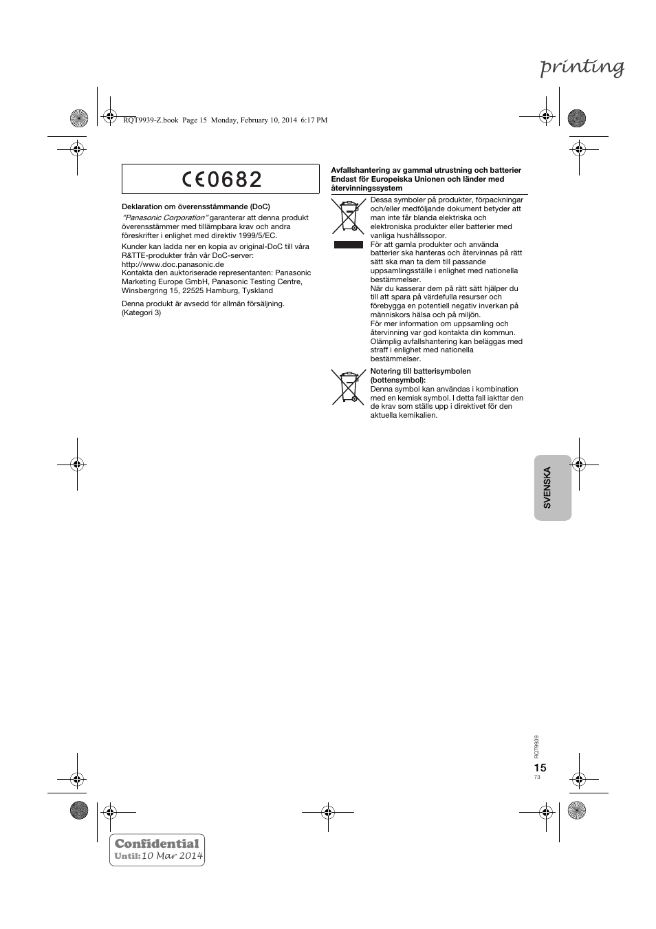 Printing, Confidential | Panasonic SCHTE180EG User Manual | Page 73 / 88