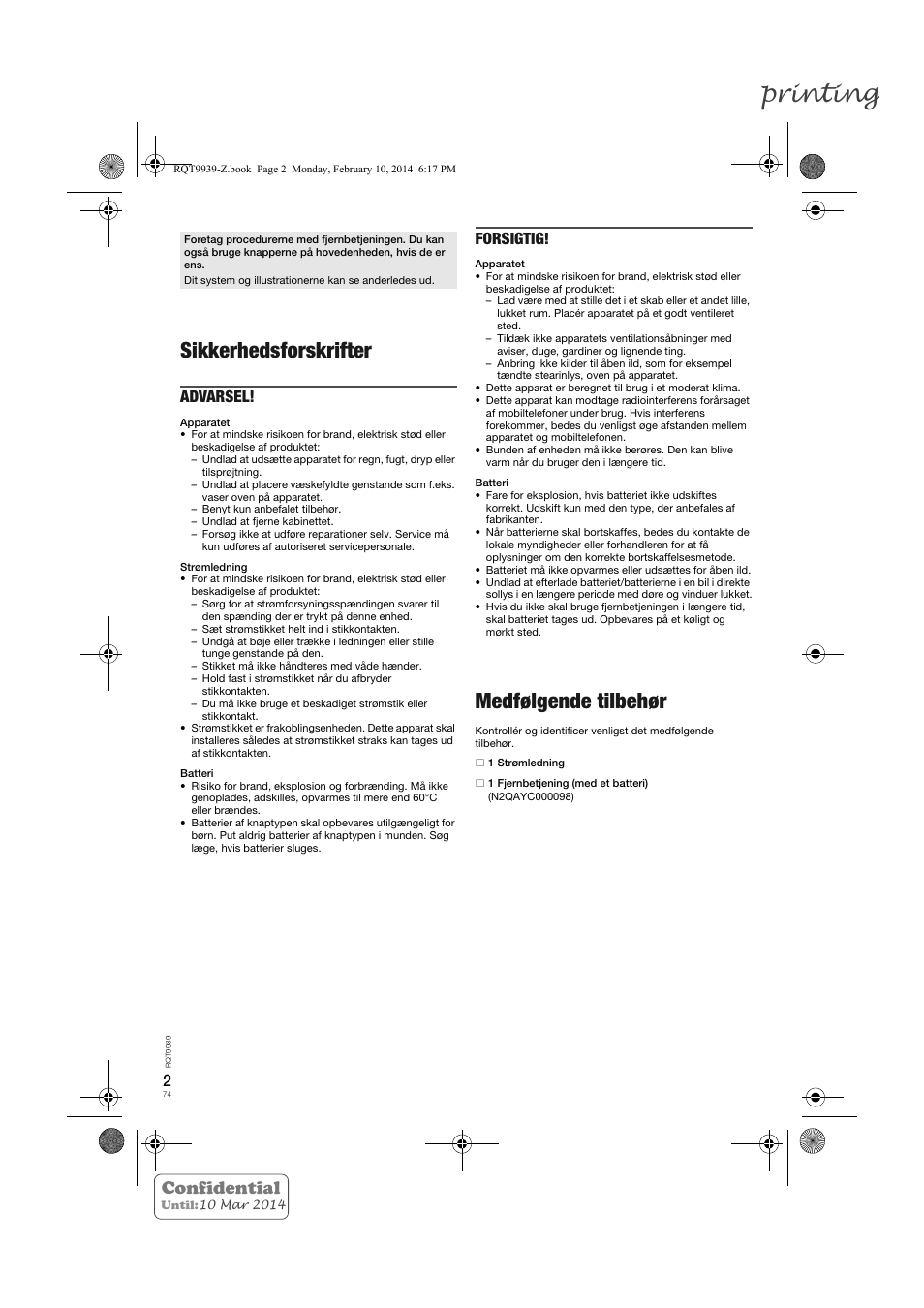 Printing, Sikkerhedsforskrifter, Medfølgende tilbehør | Confidential, Advarsel, Forsigtig | Panasonic SCHTE180EG User Manual | Page 74 / 88