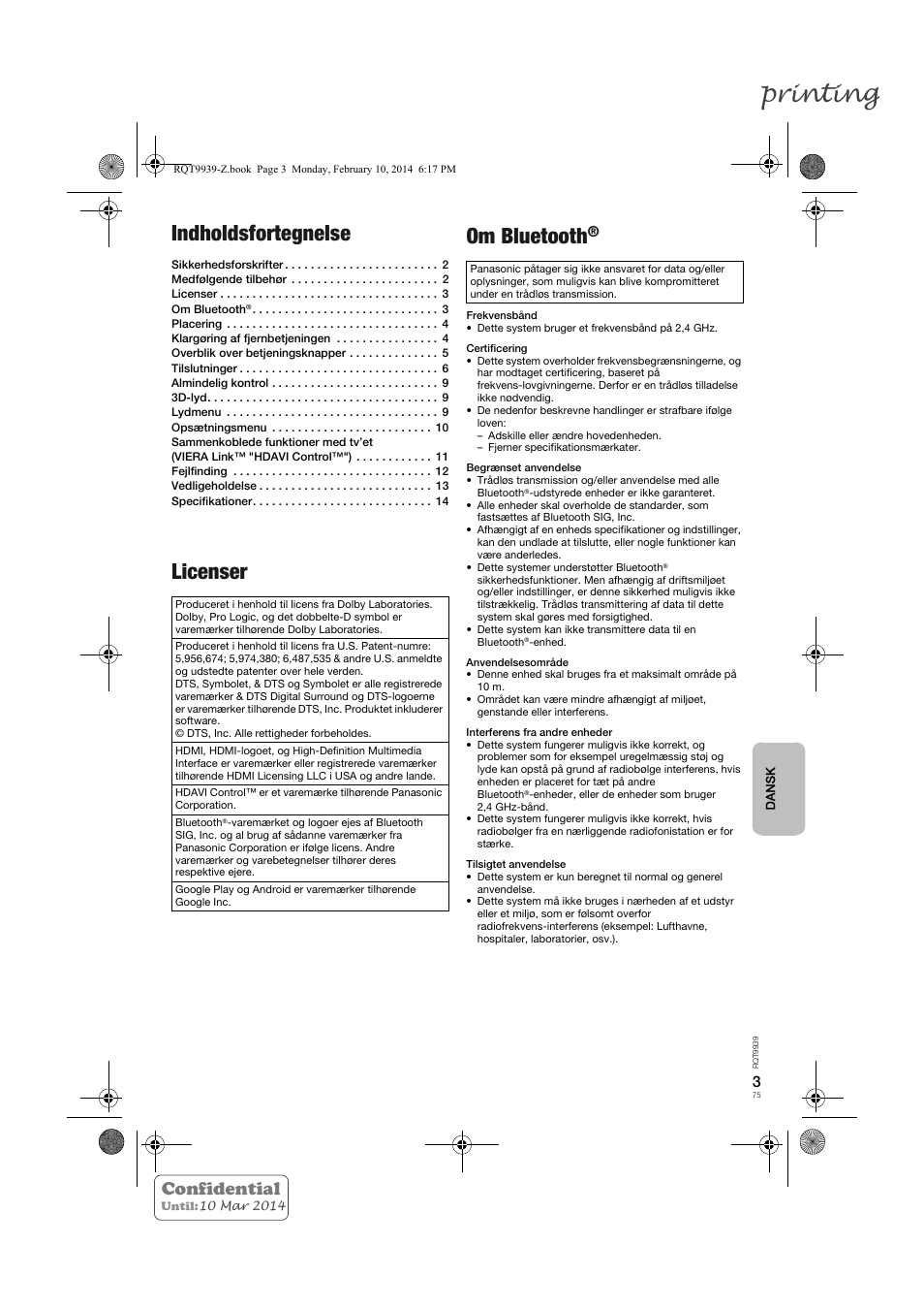 Printing, Indholdsfortegnelse, Licenser om bluetooth | Confidential | Panasonic SCHTE180EG User Manual | Page 75 / 88