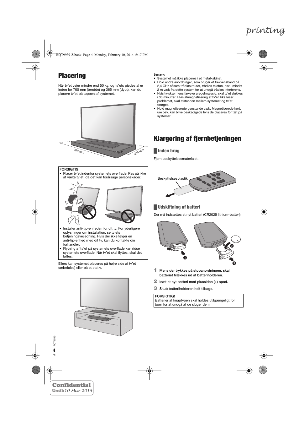Printing, Placering, Klargøring af fjernbetjeningen | Confidential | Panasonic SCHTE180EG User Manual | Page 76 / 88