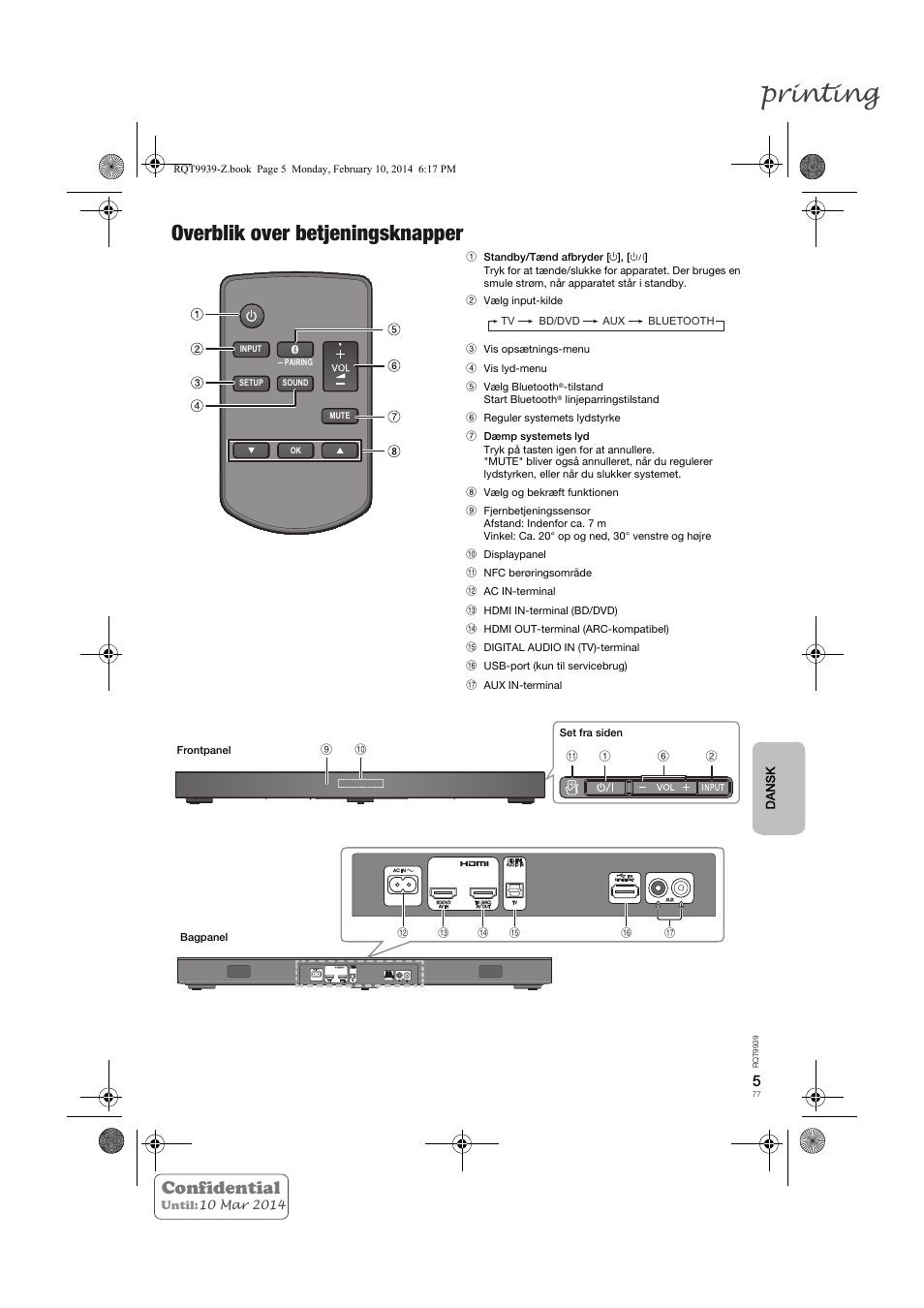 Printing, Overblik over betjeningsknapper, Confidential | Panasonic SCHTE180EG User Manual | Page 77 / 88