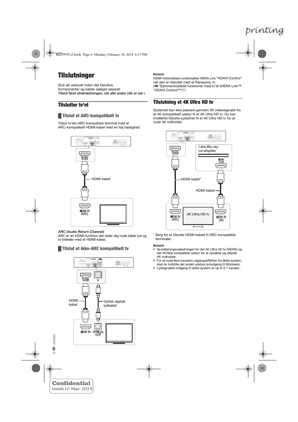 Printing, Tilslutninger, Confidential | Tilslutter tv’et, Tilslutning et 4k ultra hd tv, Tilslut et arc-kompatibelt tv, Tilslut et ikke-arc kompatibelt tv | Panasonic SCHTE180EG User Manual | Page 78 / 88