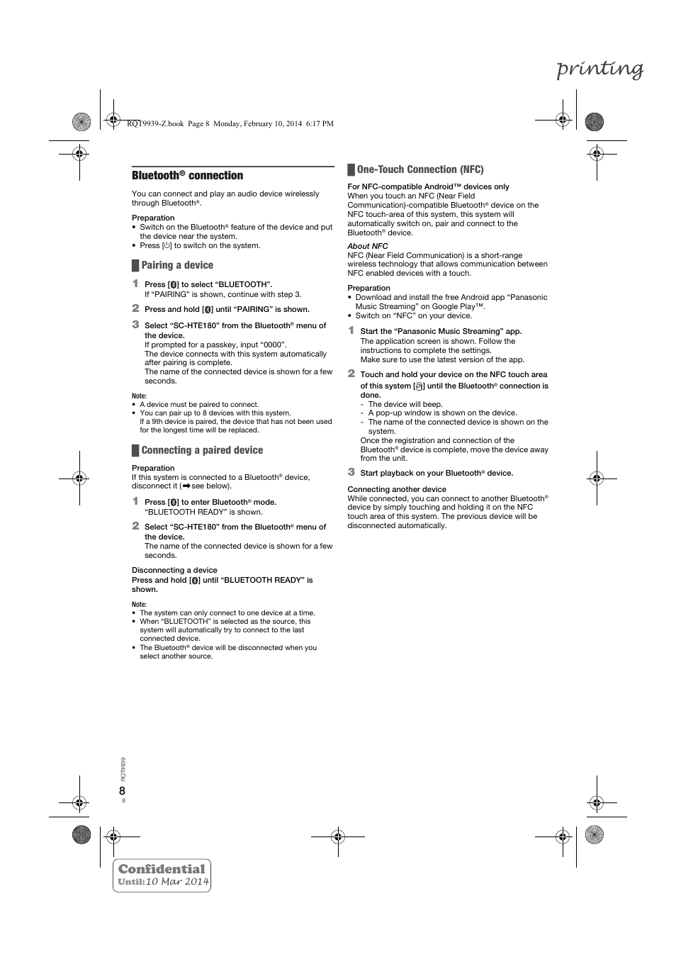 Printing, Confidential, Bluetooth | Connection, Pairing a device 1, Connecting a paired device, One-touch connection (nfc) | Panasonic SCHTE180EG User Manual | Page 8 / 88