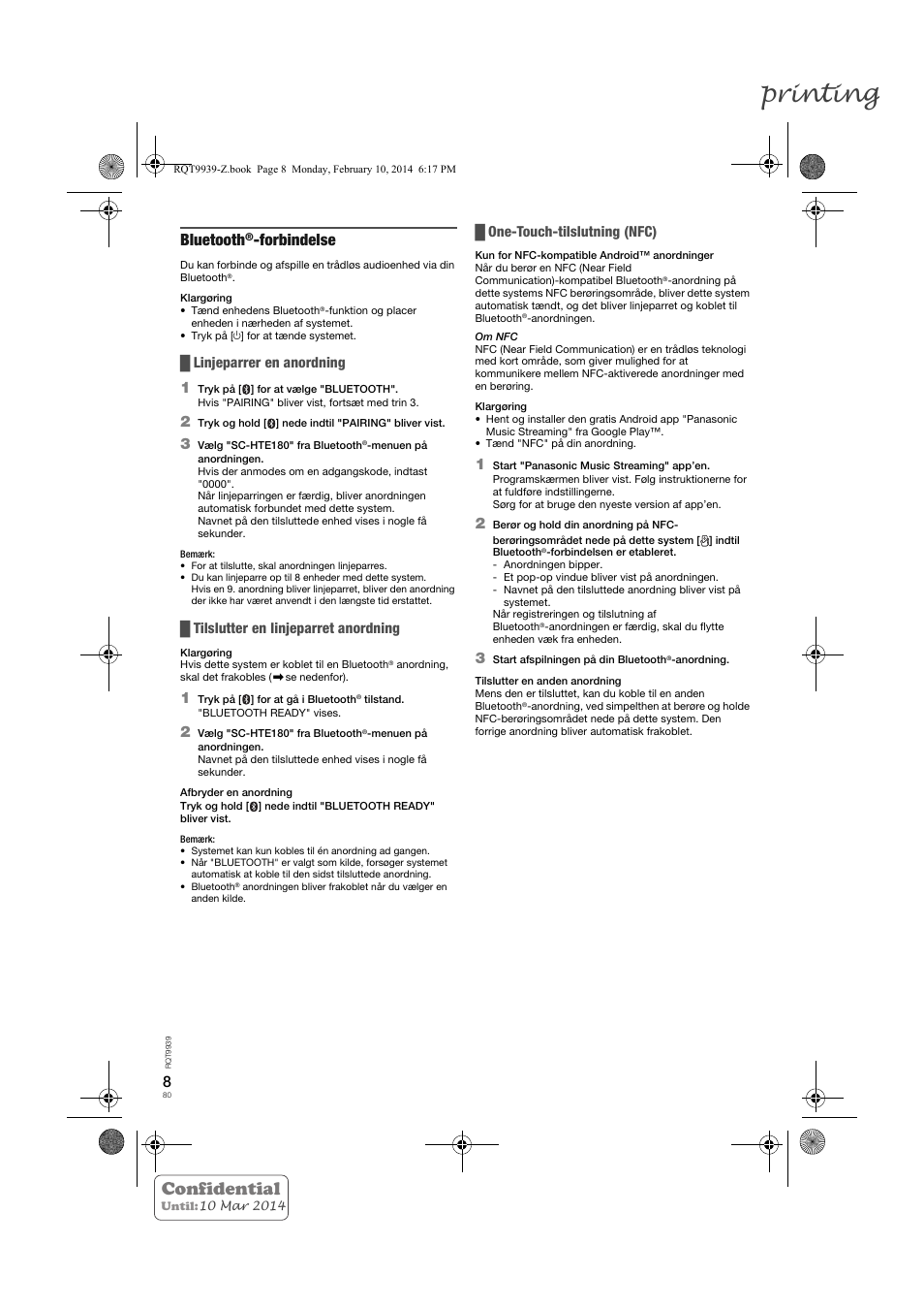 Printing, Confidential, Bluetooth | Forbindelse, Linjeparrer en anordning 1, Tilslutter en linjeparret anordning, One-touch-tilslutning (nfc) | Panasonic SCHTE180EG User Manual | Page 80 / 88