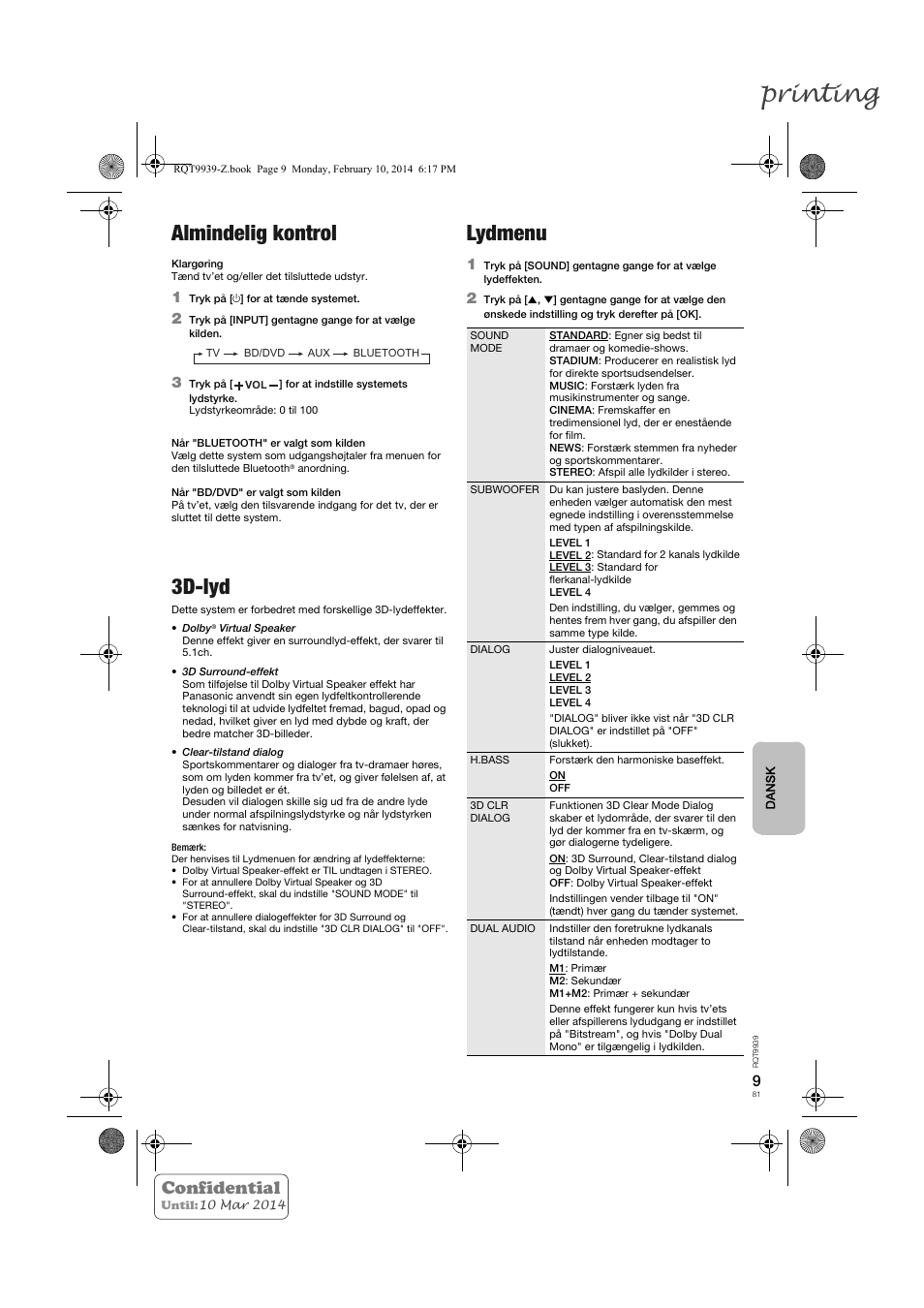 Printing, Almindelig kontrol, 3d-lyd | Lydmenu, Confidential | Panasonic SCHTE180EG User Manual | Page 81 / 88