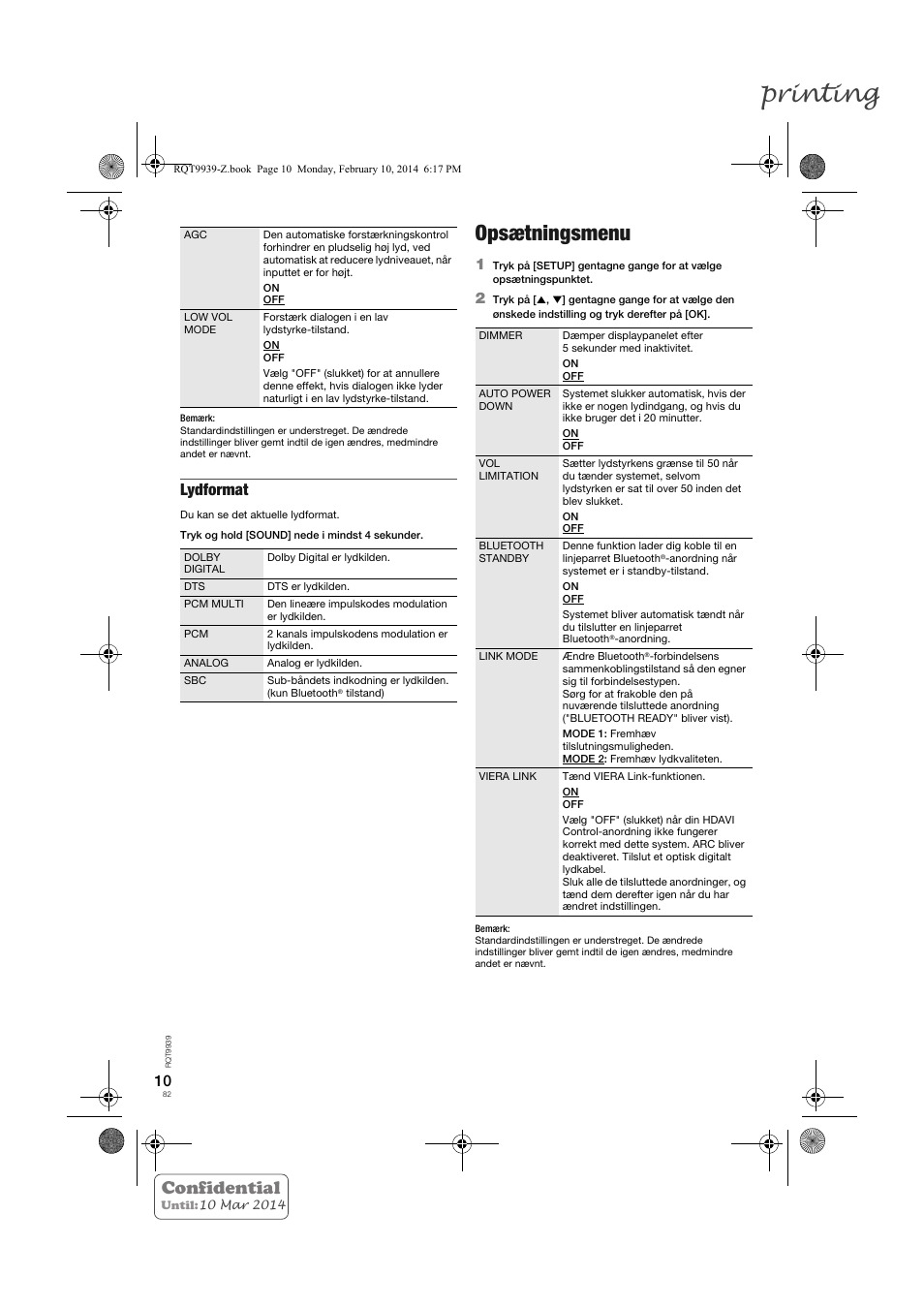 Printing, Opsætningsmenu, Confidential | Lydformat | Panasonic SCHTE180EG User Manual | Page 82 / 88