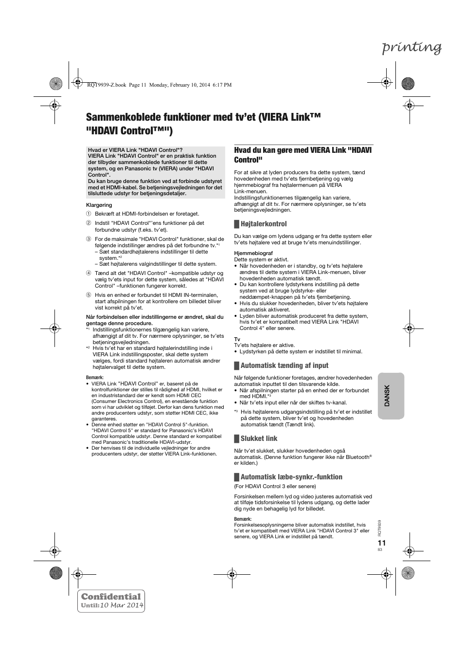 Printing, Confidential, Hvad du kan gøre med viera link "hdavi control | Højtalerkontrol, Automatisk tænding af input, Slukket link, Automatisk læbe-synkr.-funktion | Panasonic SCHTE180EG User Manual | Page 83 / 88