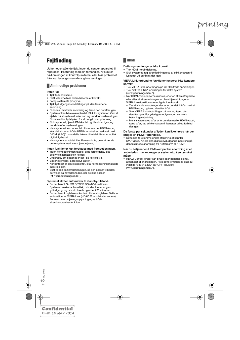 Printing, Fejlfinding, Confidential | Almindelige problemer, Hdmi | Panasonic SCHTE180EG User Manual | Page 84 / 88
