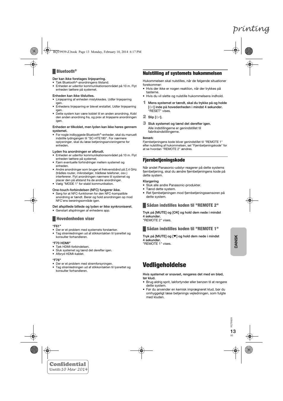 Printing, Vedligeholdelse, Confidential | Nulstilling af systemets hukommelsen, Fjernbetjeningskode, Bluetooth, Hovedenheden viser, Sådan indstilles koden til "remote 2, Sådan indstilles koden til "remote 1 | Panasonic SCHTE180EG User Manual | Page 85 / 88