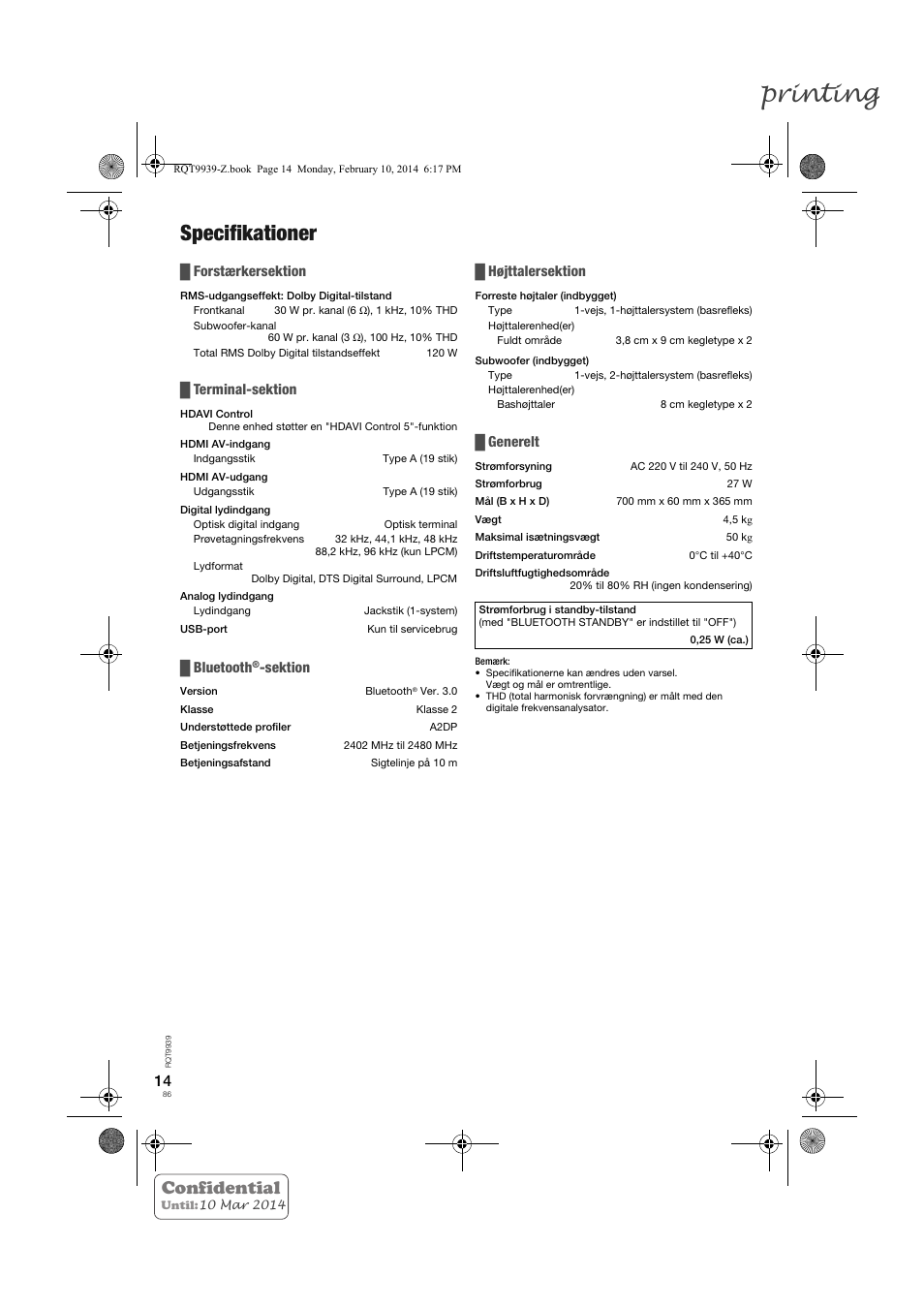 Printing, Specifikationer, Confidential | Forstærkersektion, Terminal-sektion, Bluetooth, Sektion, Højttalersektion, Generelt | Panasonic SCHTE180EG User Manual | Page 86 / 88