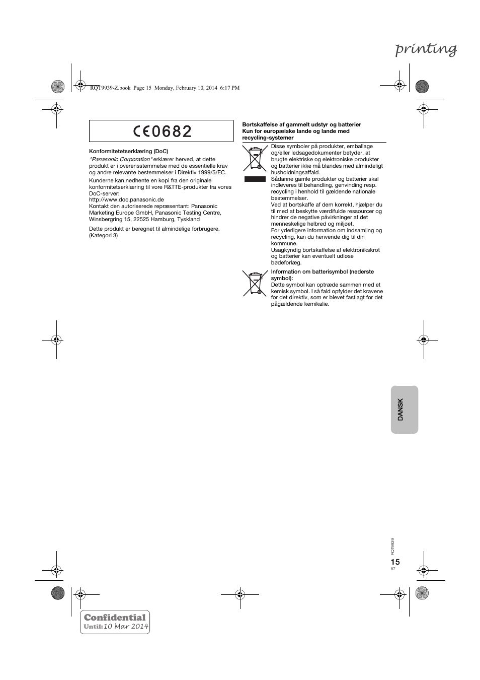 Printing, Confidential | Panasonic SCHTE180EG User Manual | Page 87 / 88