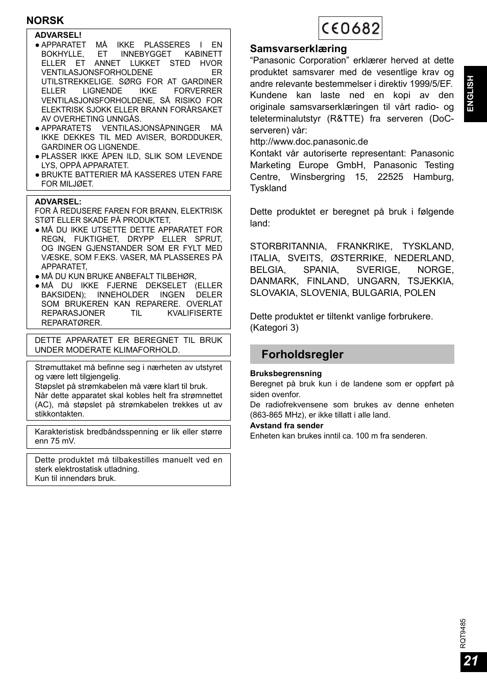 Forholdsregler, Norsk, Samsvarserklæring | Panasonic RPWF950 User Manual | Page 21 / 96