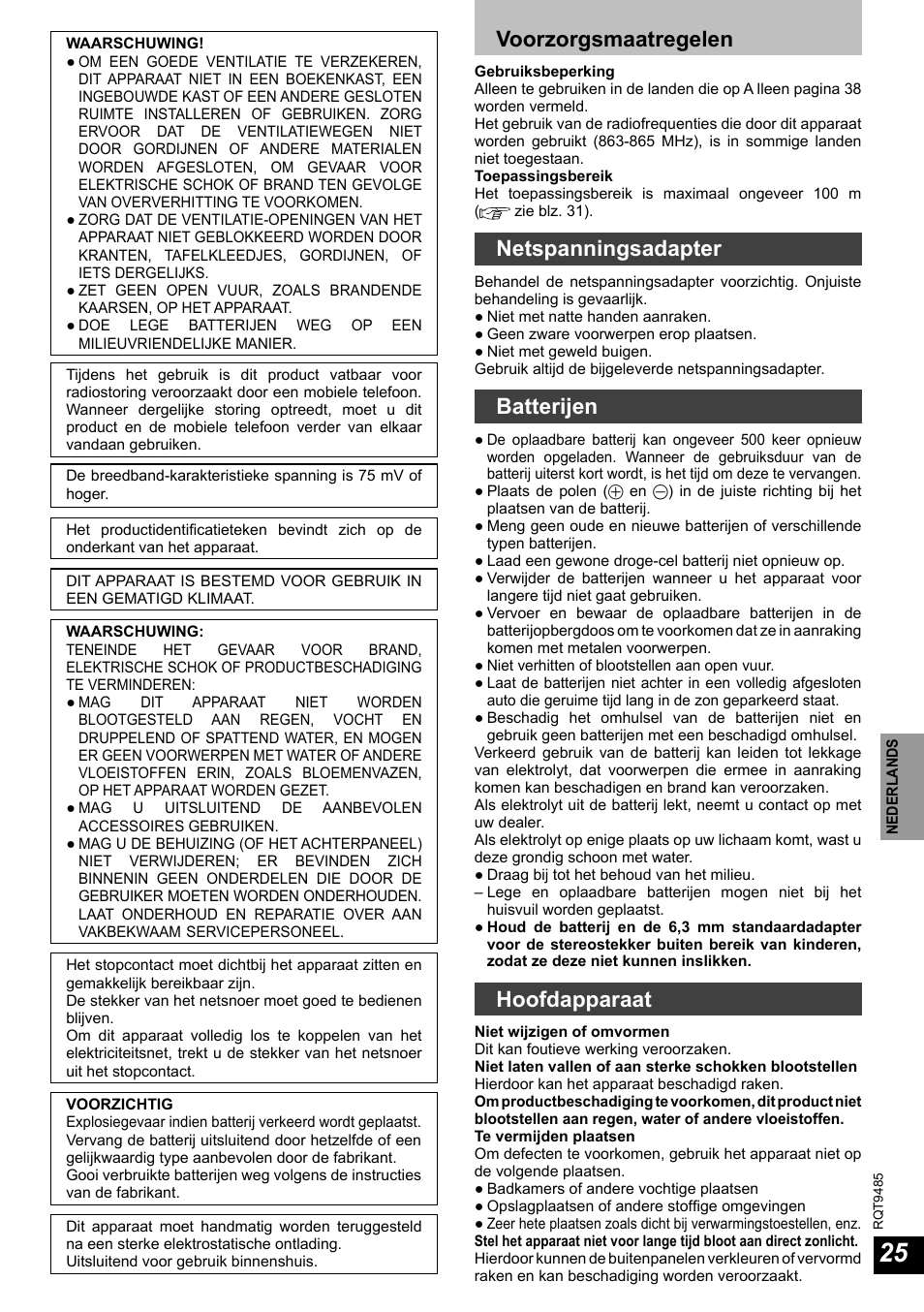 Voorzorgsmaatregelen, Netspanningsadapter, Batterijen | Hoofdapparaat | Panasonic RPWF950 User Manual | Page 25 / 96