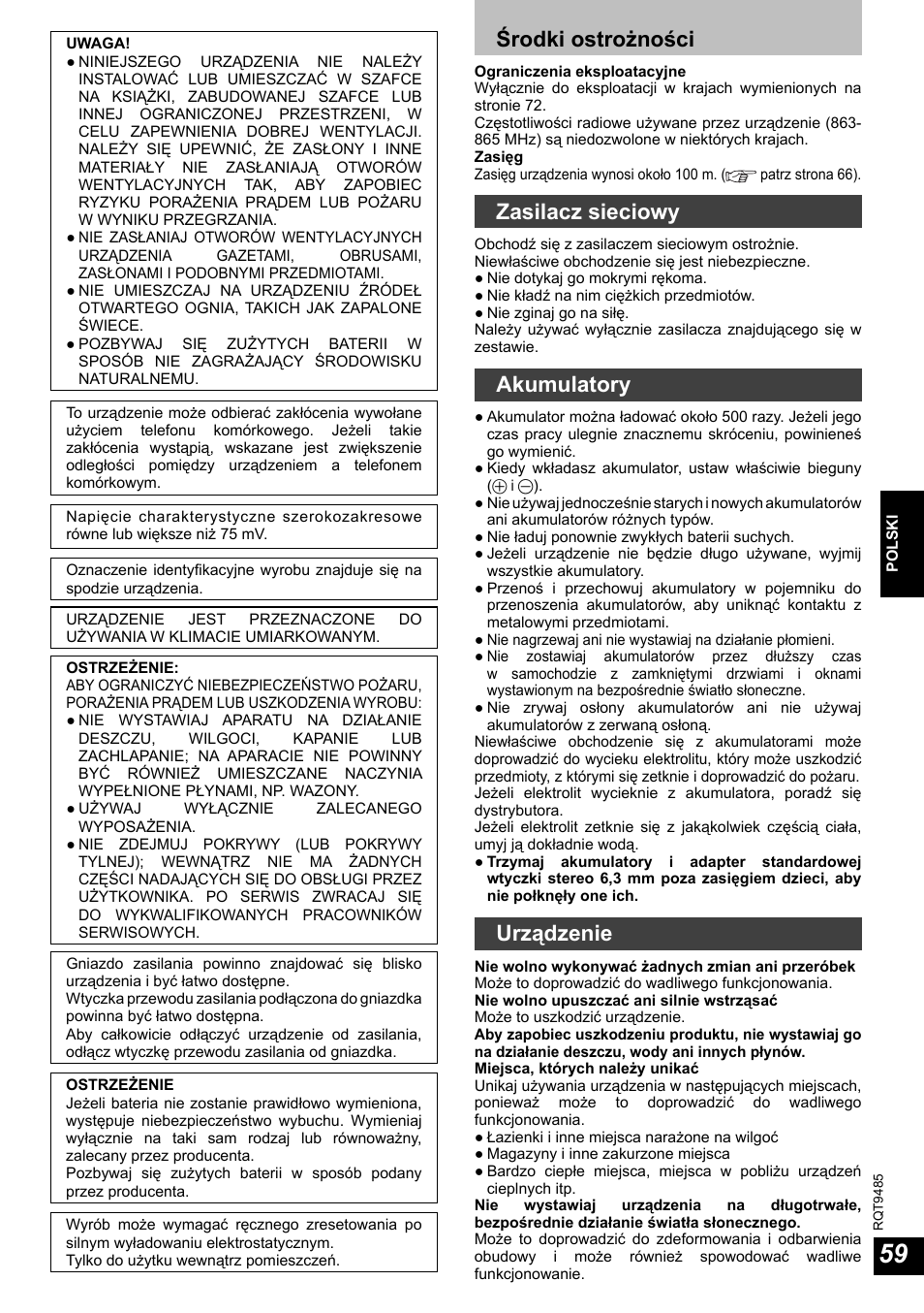 Środki ostrożności, Zasilacz sieciowy, Akumulatory | Urządzenie | Panasonic RPWF950 User Manual | Page 59 / 96