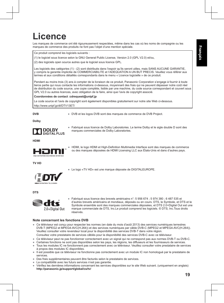 Licence | Panasonic TX32A400E User Manual | Page 139 / 302