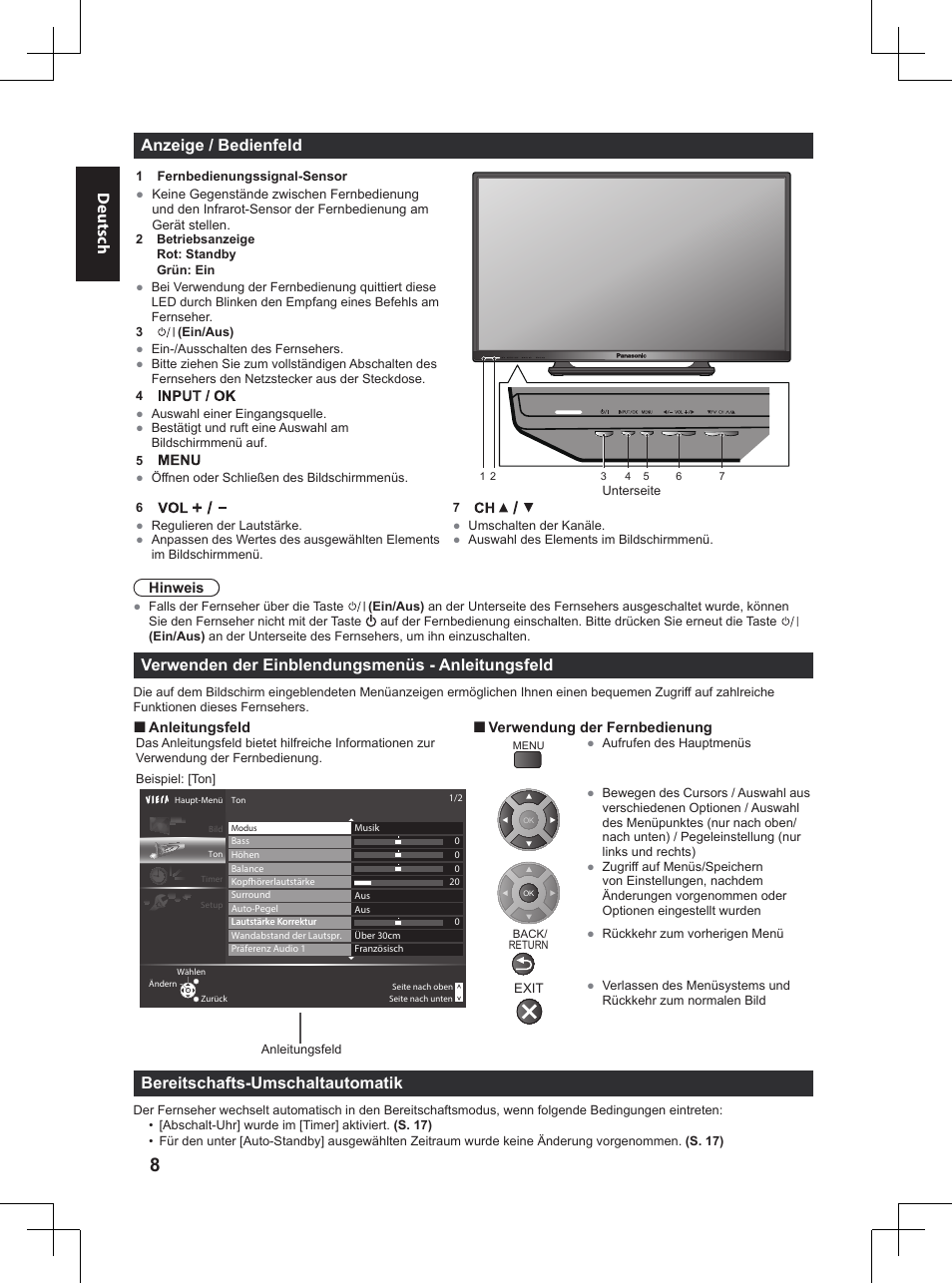 Deutsch anzeige / bedienfeld, Verwenden der einblendungsmenüs - anleitungsfeld, Bereitschafts-umschaltautomatik | Panasonic TX32A400E User Manual | Page 148 / 302