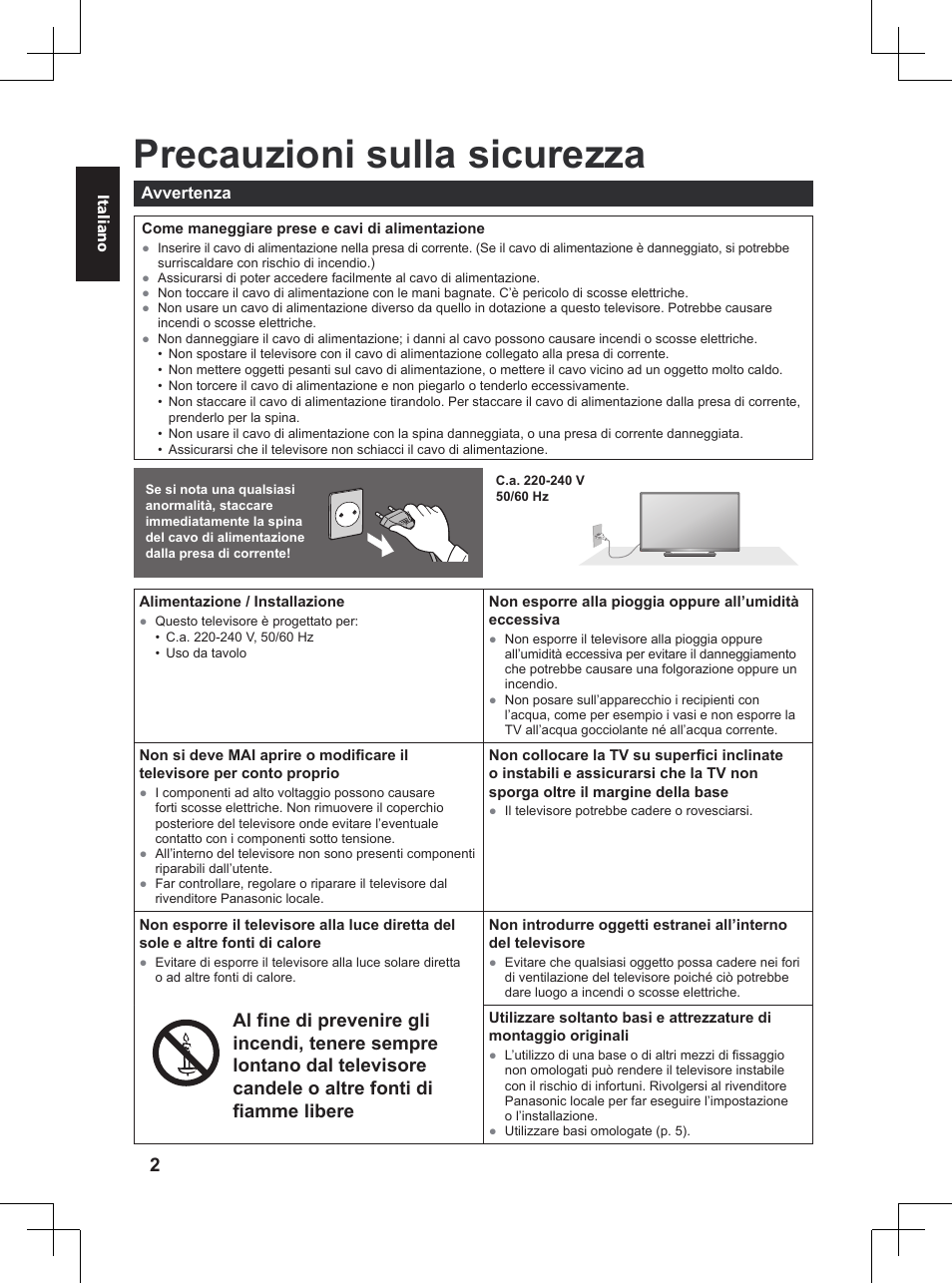 Informazioni importanti, Precauzioni sulla sicurezza | Panasonic TX32A400E User Manual | Page 184 / 302