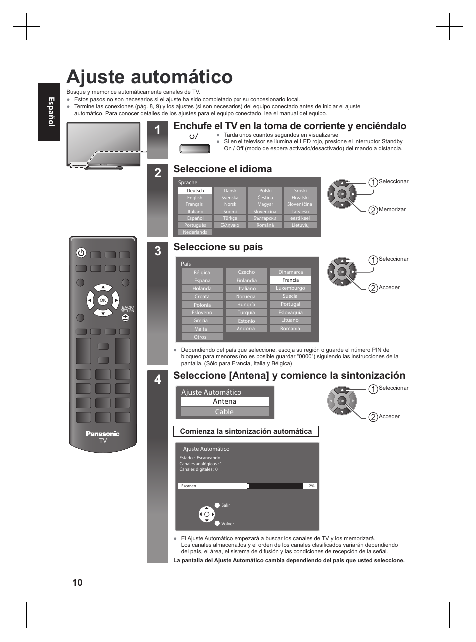 Ajuste automático, Enchufe el tv en la toma de corriente y enciéndalo, Seleccione el idioma | Seleccione su país, Seleccione [antena] y comience la sintonización, Español | Panasonic TX32A400E User Manual | Page 272 / 302