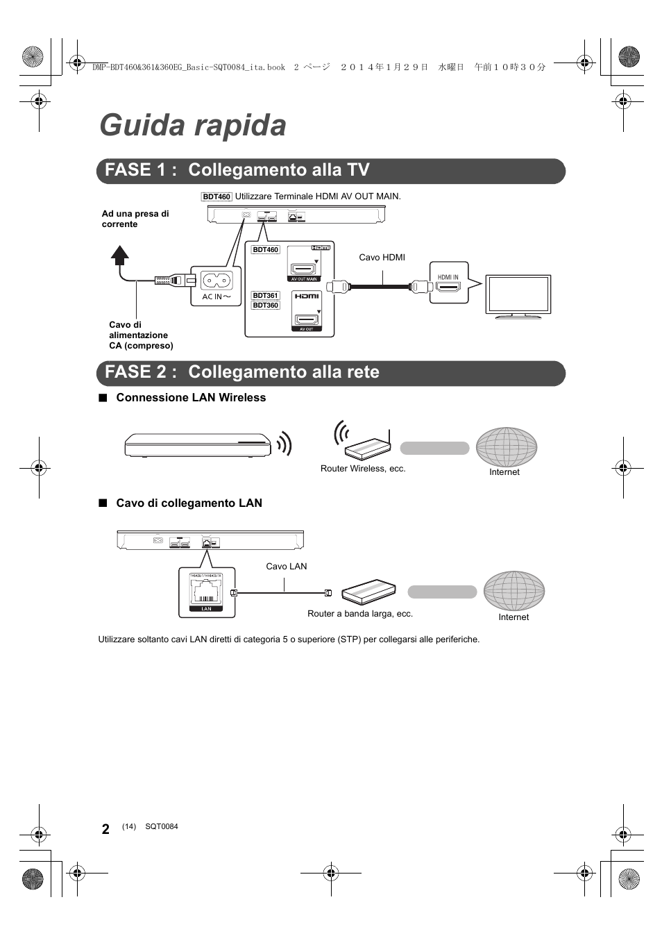 Guida rapida, Fase 1 : collegamento alla tv, Fase 2 : collegamento alla rete | Panasonic DMPBDT361EG User Manual | Page 14 / 72