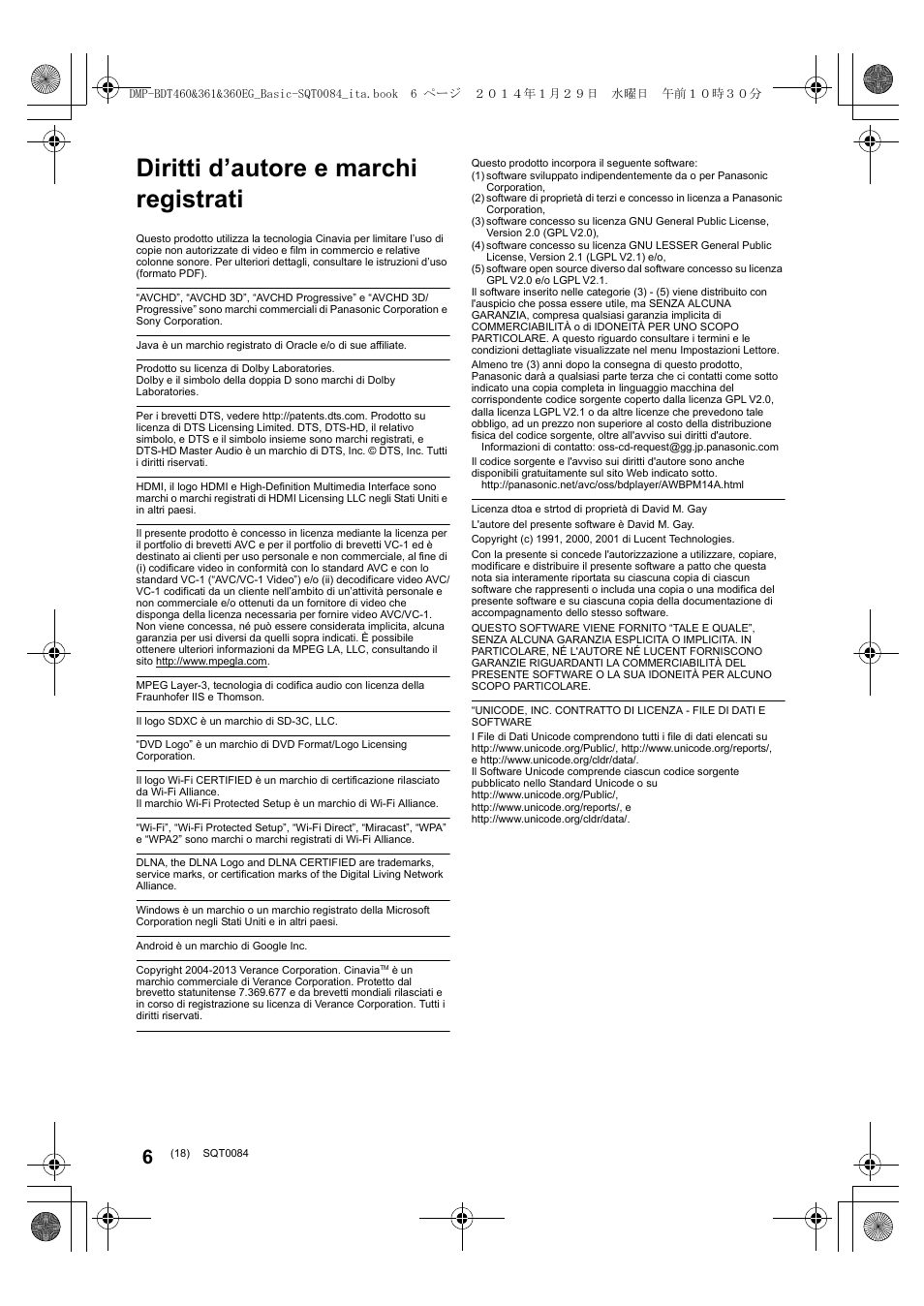 Diritti d’autore e marchi registrati | Panasonic DMPBDT361EG User Manual | Page 18 / 72