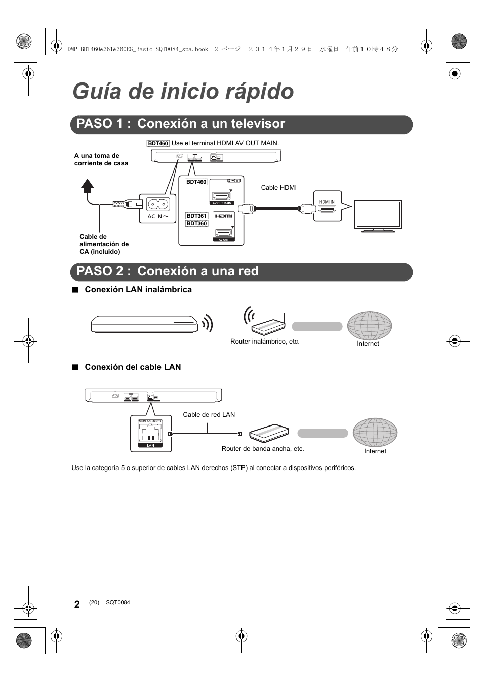 Guía de inicio rápido, Paso 1 : conexión a un televisor, Paso 2 : conexión a una red | Panasonic DMPBDT361EG User Manual | Page 20 / 72