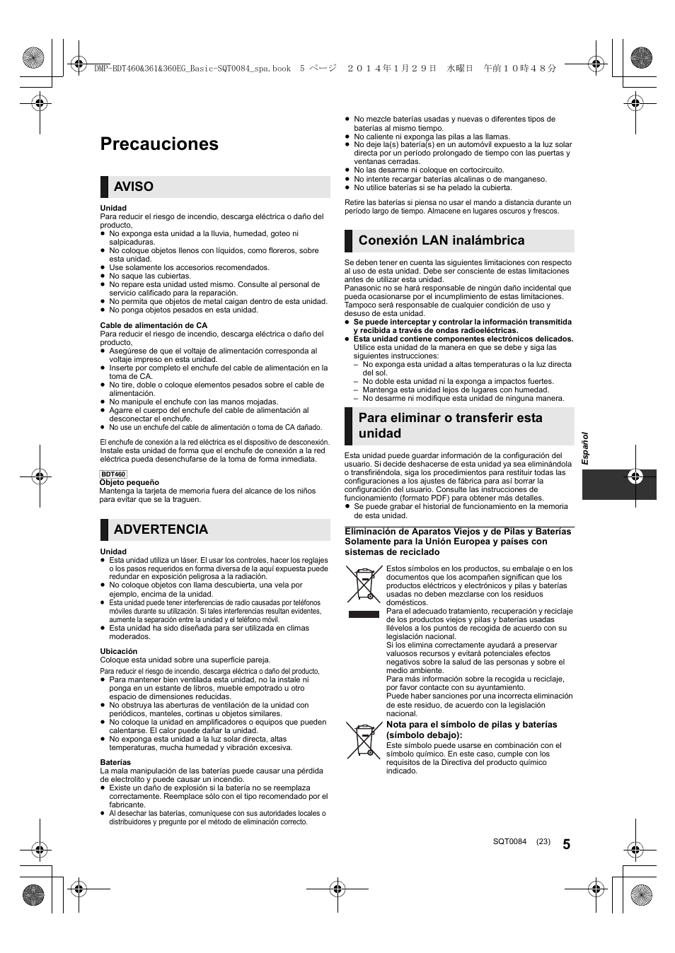 Precauciones, Aviso, Advertencia | Conexión lan inalámbrica, Para eliminar o transferir esta unidad | Panasonic DMPBDT361EG User Manual | Page 23 / 72