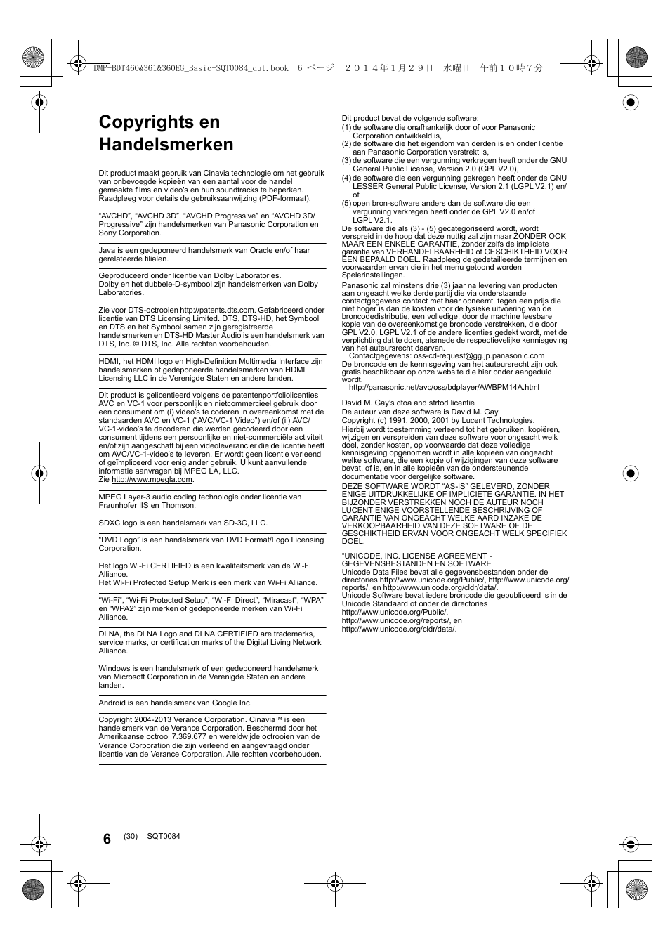 Copyrights en handelsmerken | Panasonic DMPBDT361EG User Manual | Page 30 / 72