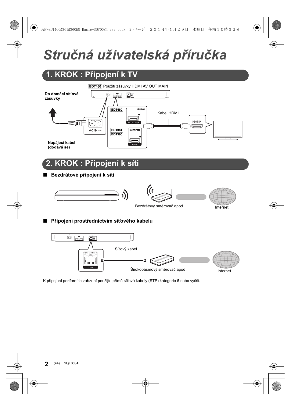 Stručná uživatelská příručka, Krok : připojení k tv, Krok : připojení k síti | Panasonic DMPBDT361EG User Manual | Page 44 / 72