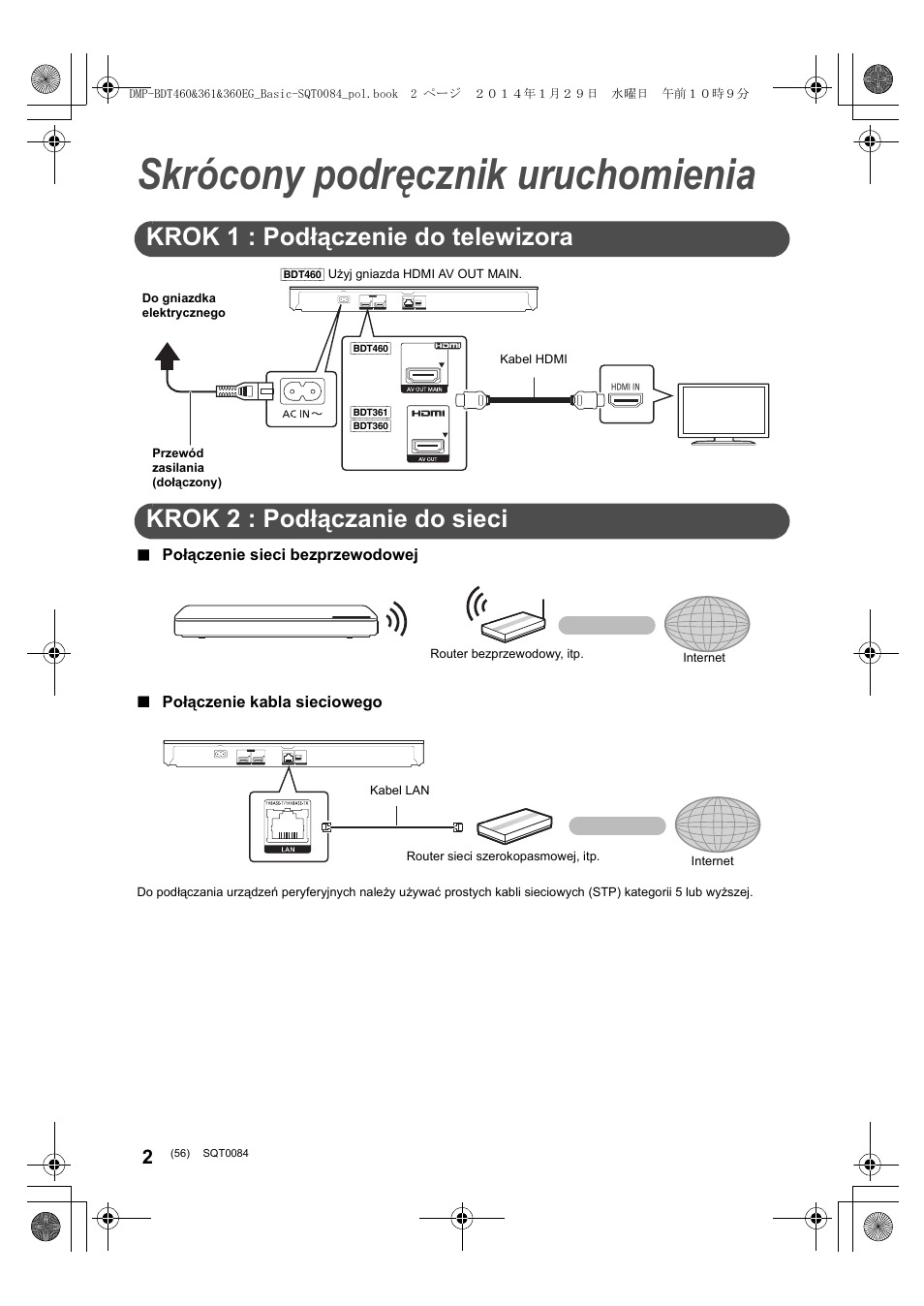 Skrócony podręcznik uruchomienia, Krok 1 : podłączenie do telewizora, Krok 2 : podłączanie do sieci | Panasonic DMPBDT361EG User Manual | Page 56 / 72