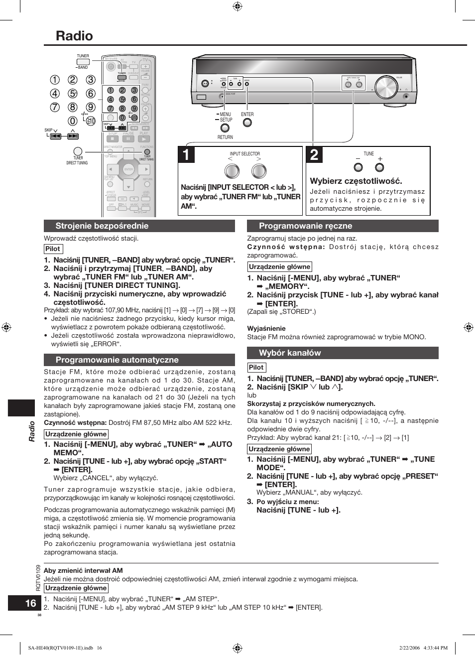 Radio, Wybierz czêstotliwośæ, Strojenie bezpośrednie | Programowanie automatyczne, Programowanie rêczne, Wybór kana³ów, Naciśnij [tune - lub | Panasonic SAHE40 User Manual | Page 38 / 68