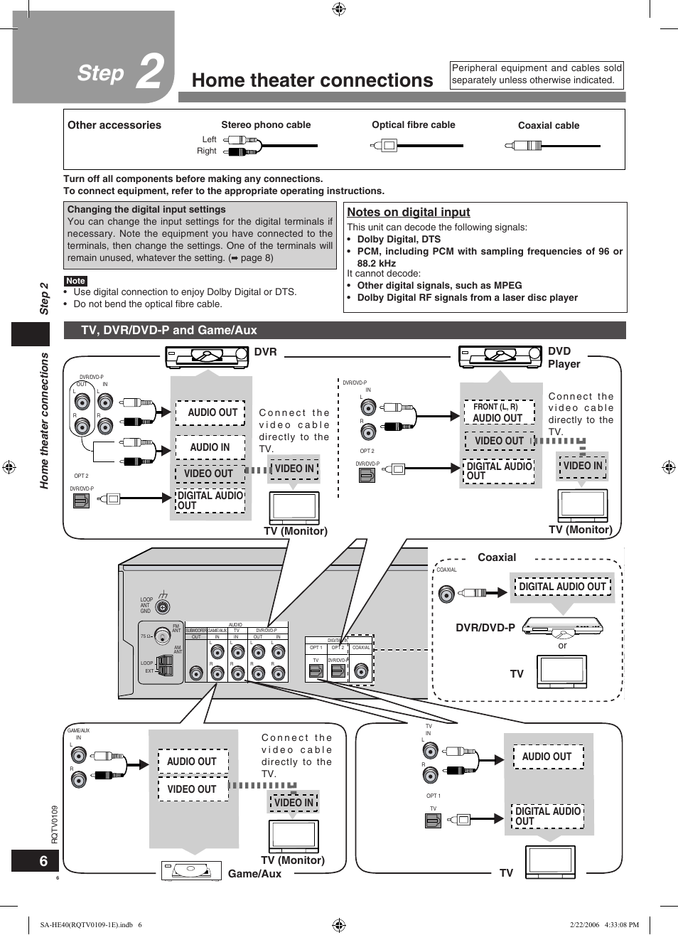 Step, Home theater connections, Tv, dvr/dvd-p and game/aux | Step 2 home theater connections, Other accessories, Dvr dvd player, Tv (monitor), Tv (monitor) coaxial dvr/dvd-p, Game/aux | Panasonic SAHE40 User Manual | Page 6 / 68