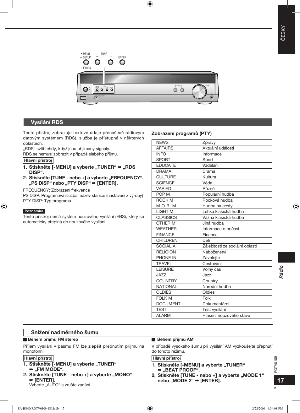 Snížení nadmìrného šumu, Vysílání rds | Panasonic SAHE40 User Manual | Page 61 / 68