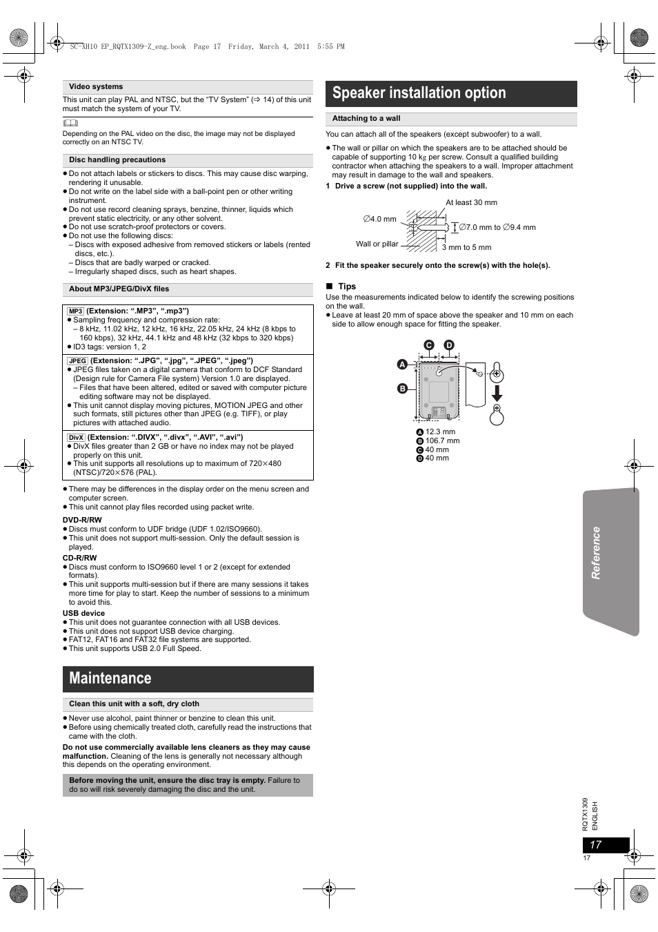Maintenance, Speaker installation option | Panasonic SCXH10EP User Manual | Page 17 / 78