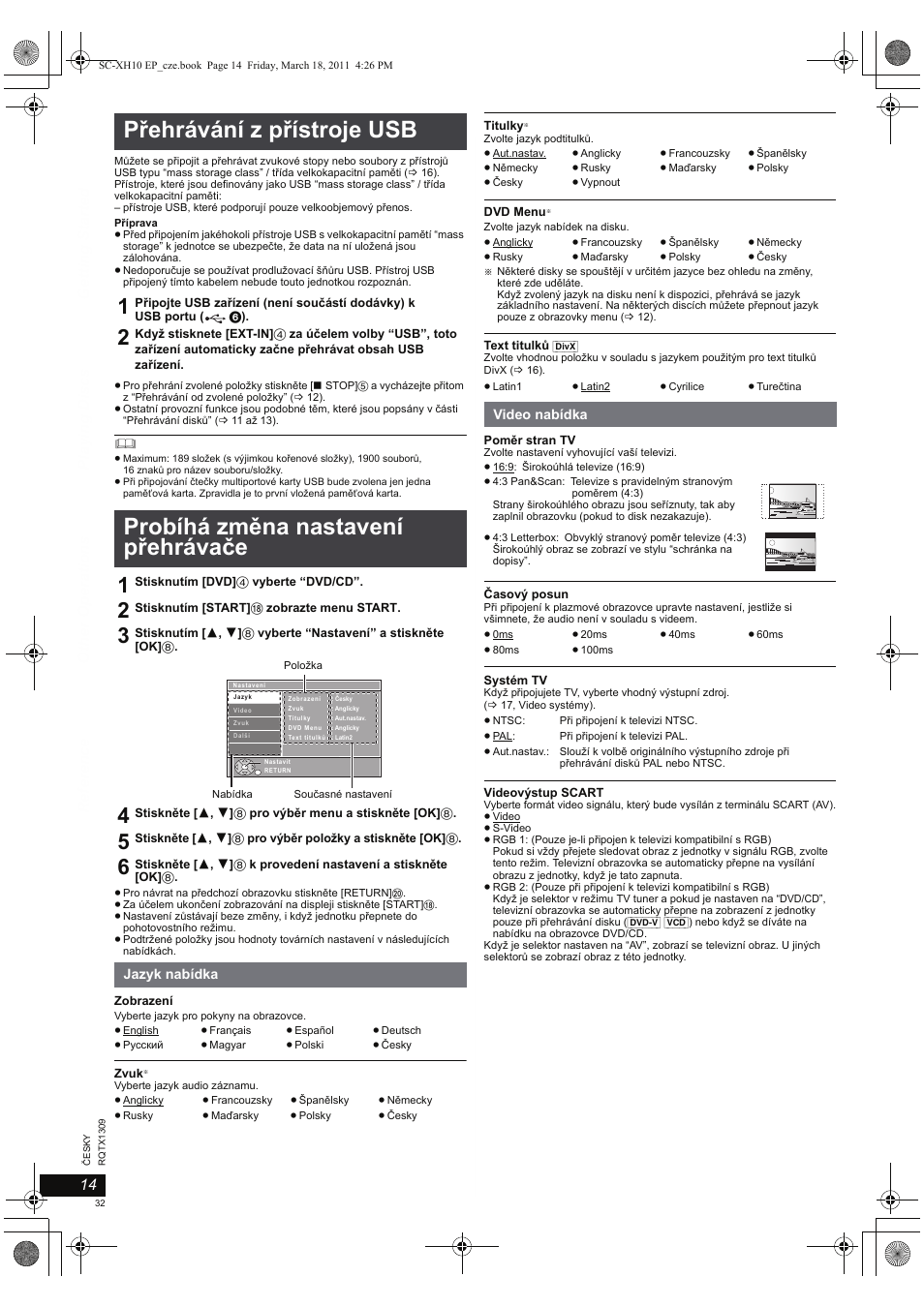 Přehrávání z přístroje usb, Probíhá změna nastavení přehrávače | Panasonic SCXH10EP User Manual | Page 32 / 78