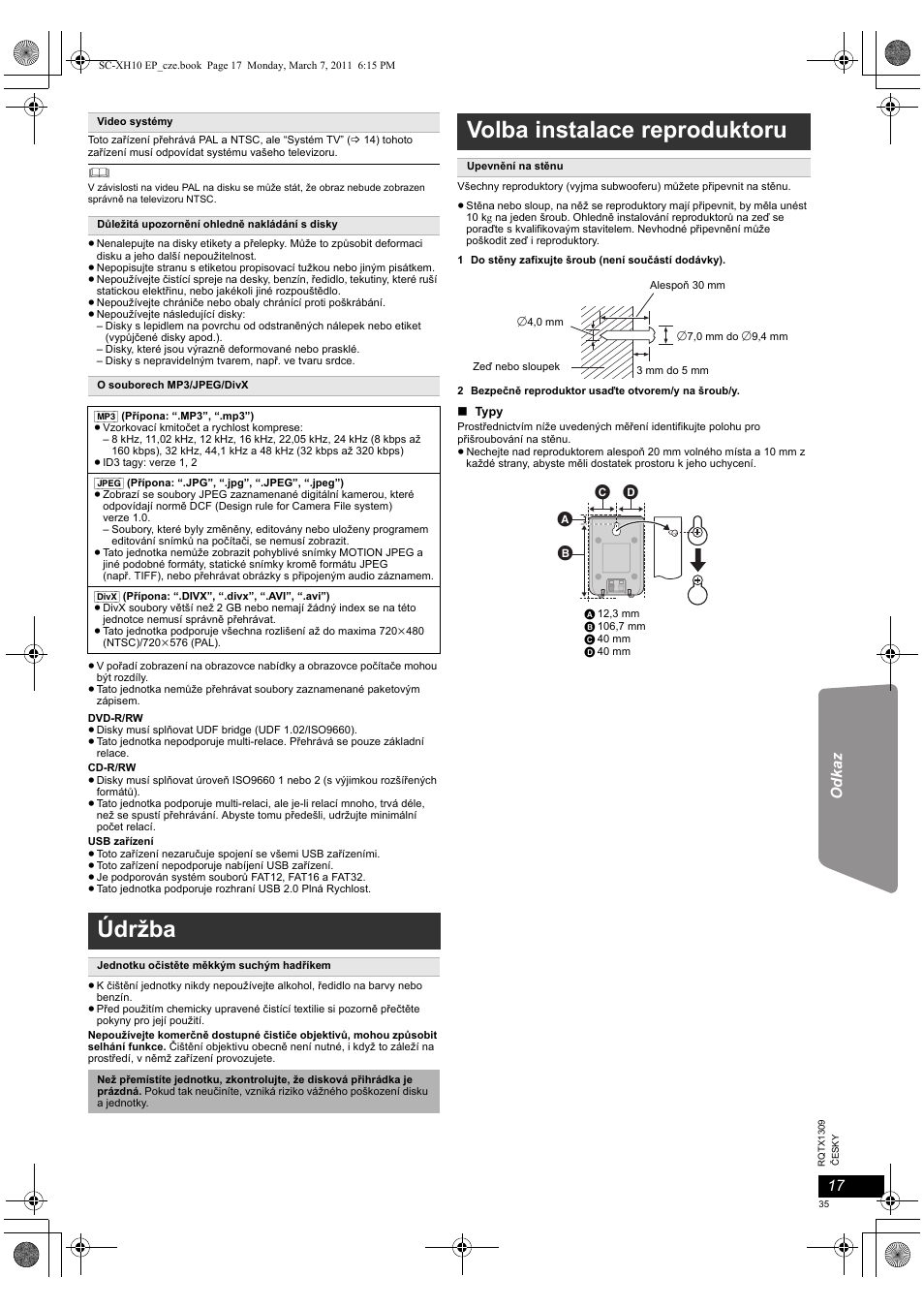 Údržba, Volba instalace reproduktoru | Panasonic SCXH10EP User Manual | Page 35 / 78