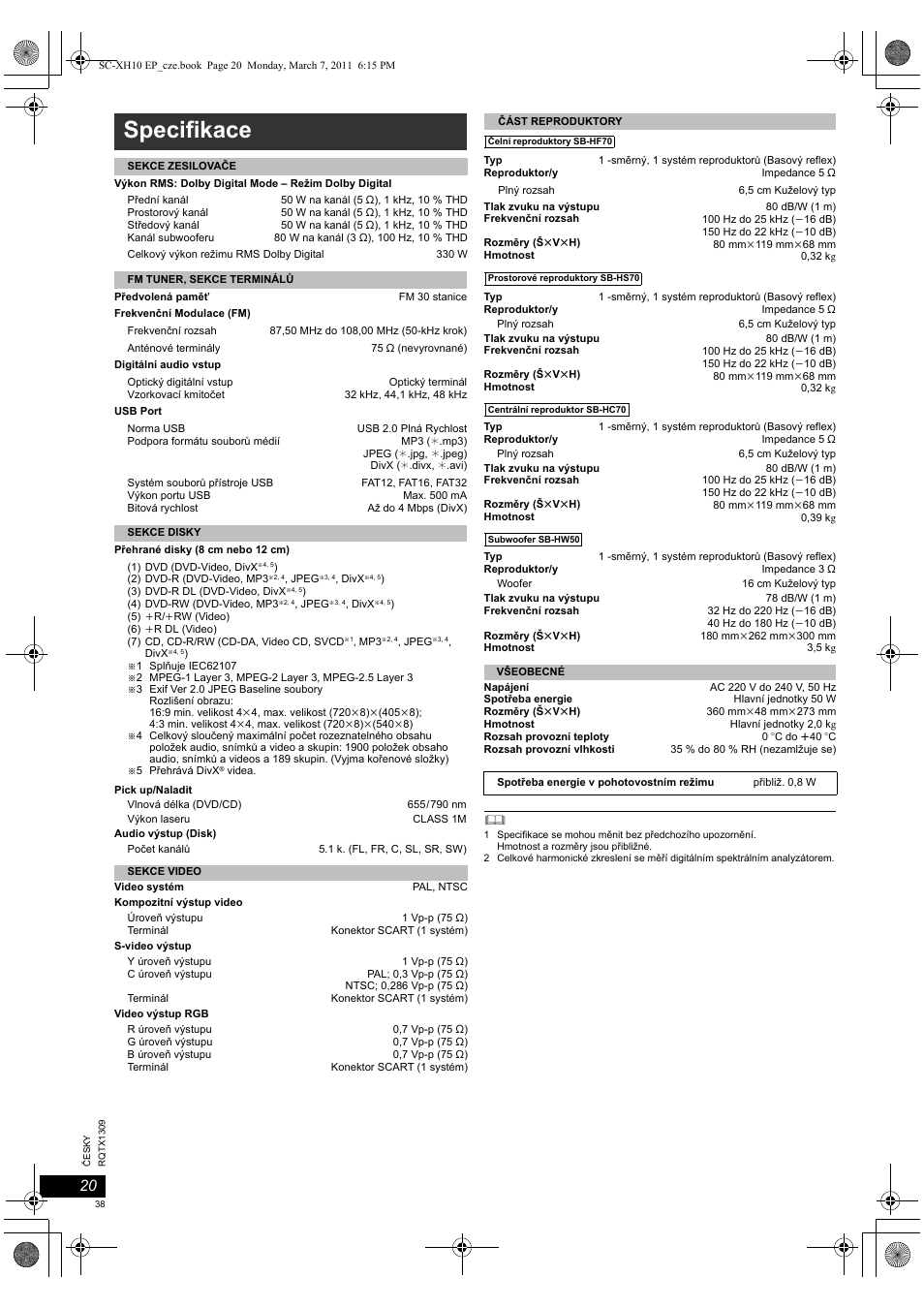 Specifikace | Panasonic SCXH10EP User Manual | Page 38 / 78