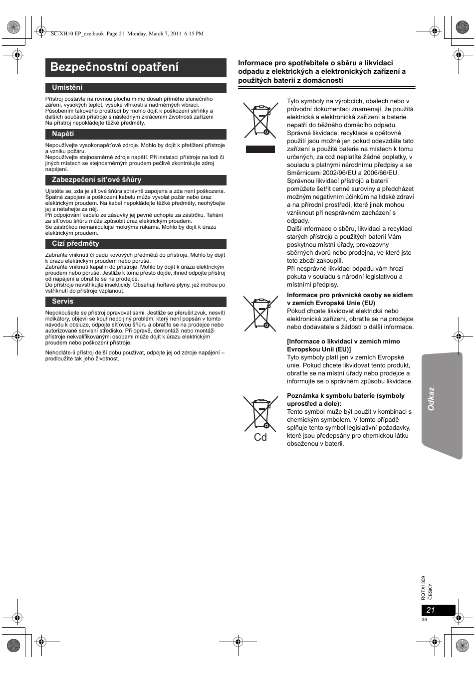 Bezpečnostní opatření | Panasonic SCXH10EP User Manual | Page 39 / 78