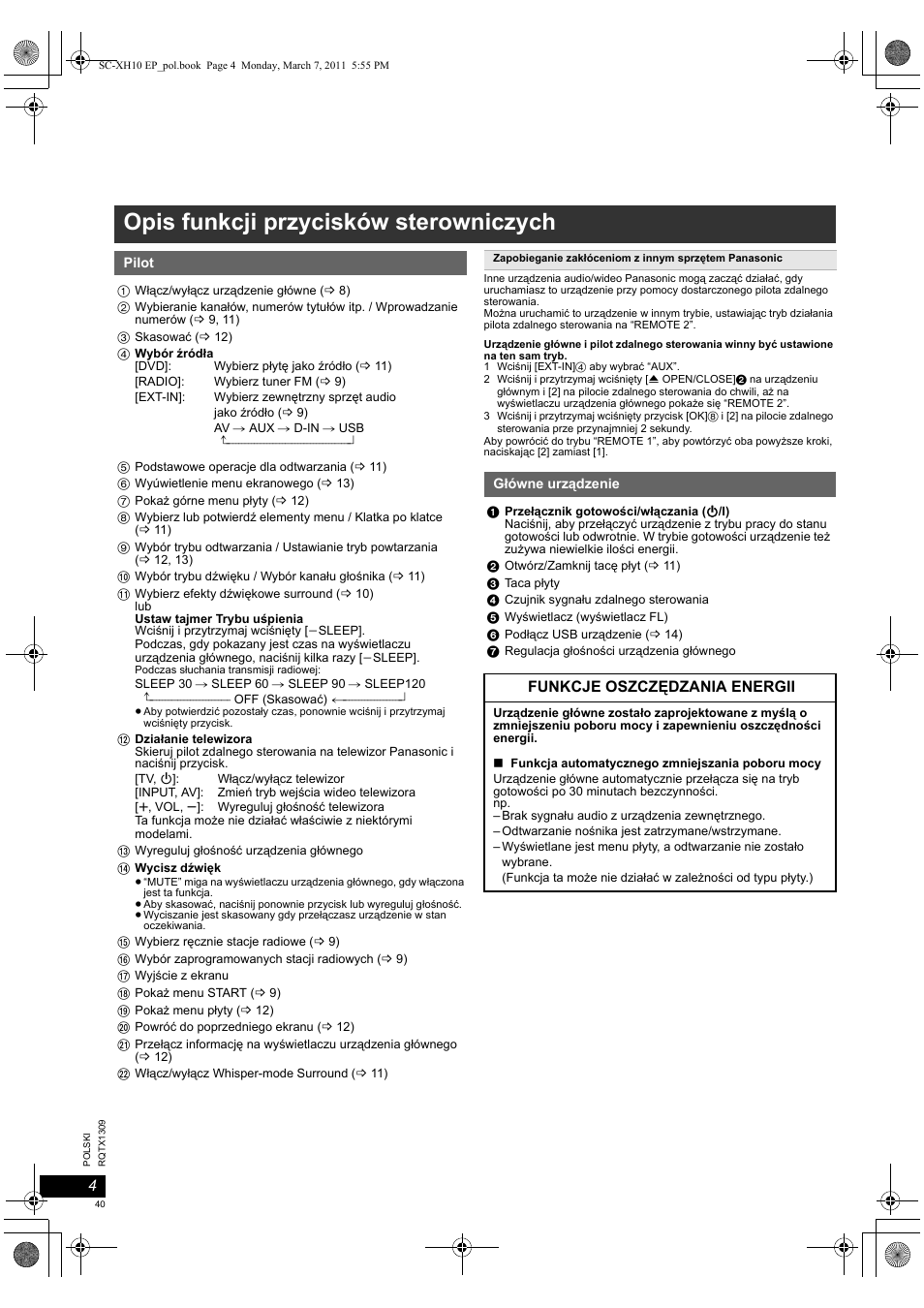 Opis funkcji przycisków sterowniczych | Panasonic SCXH10EP User Manual | Page 40 / 78